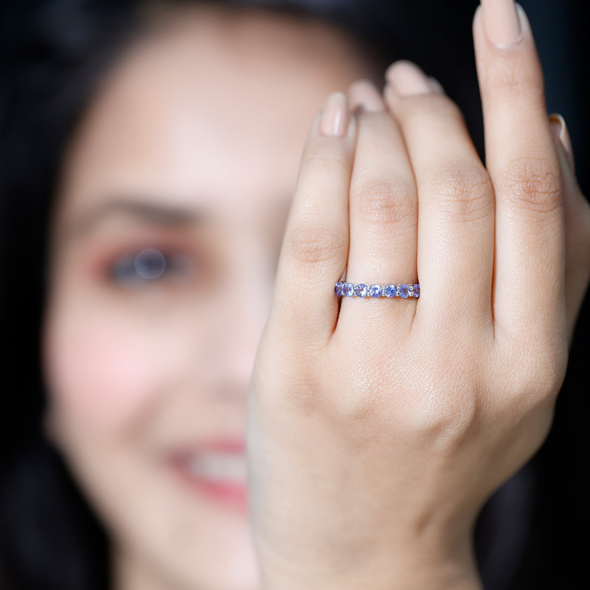 Tanzanite Half Eternity Ring – Natural Blue Gemstone, Shared Prong Setting, AAA Grade