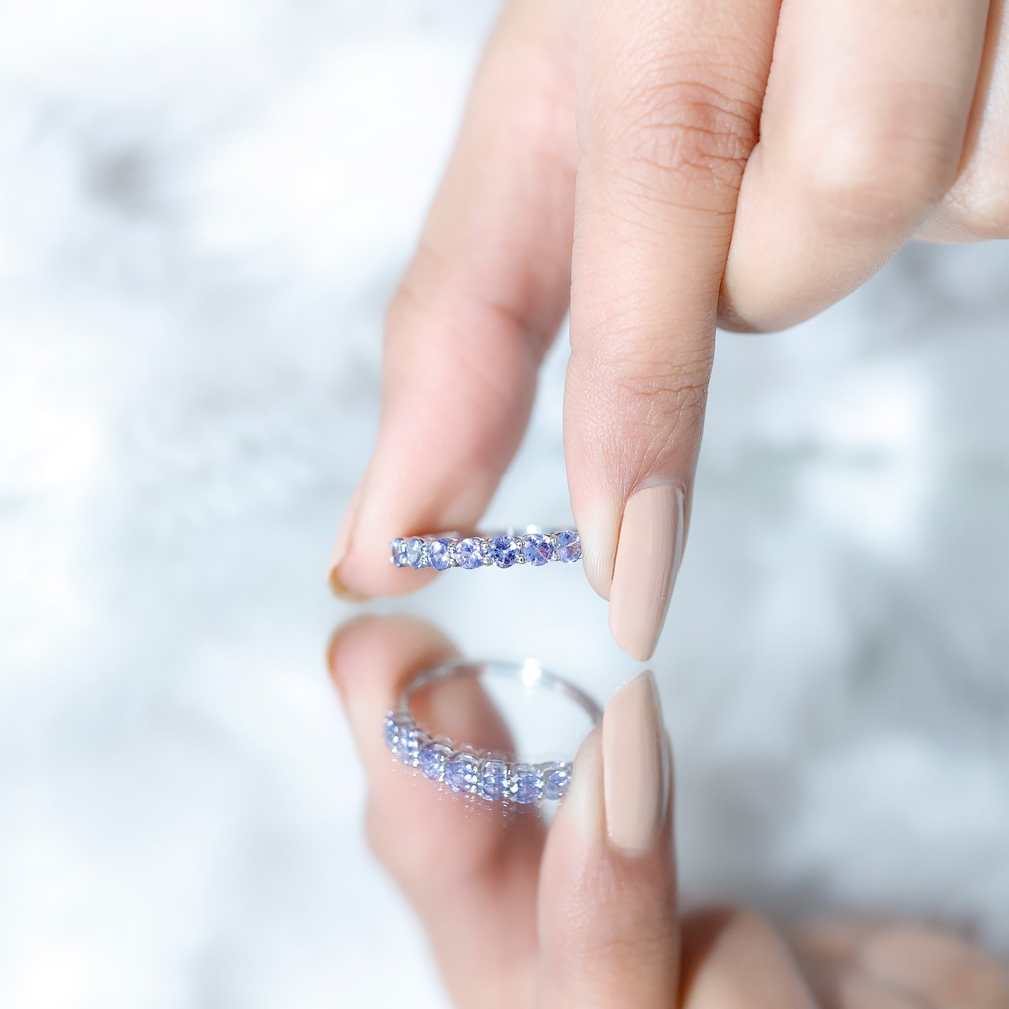 Tanzanite Half Eternity Ring – Natural Blue Gemstone, Shared Prong Setting, AAA Grade