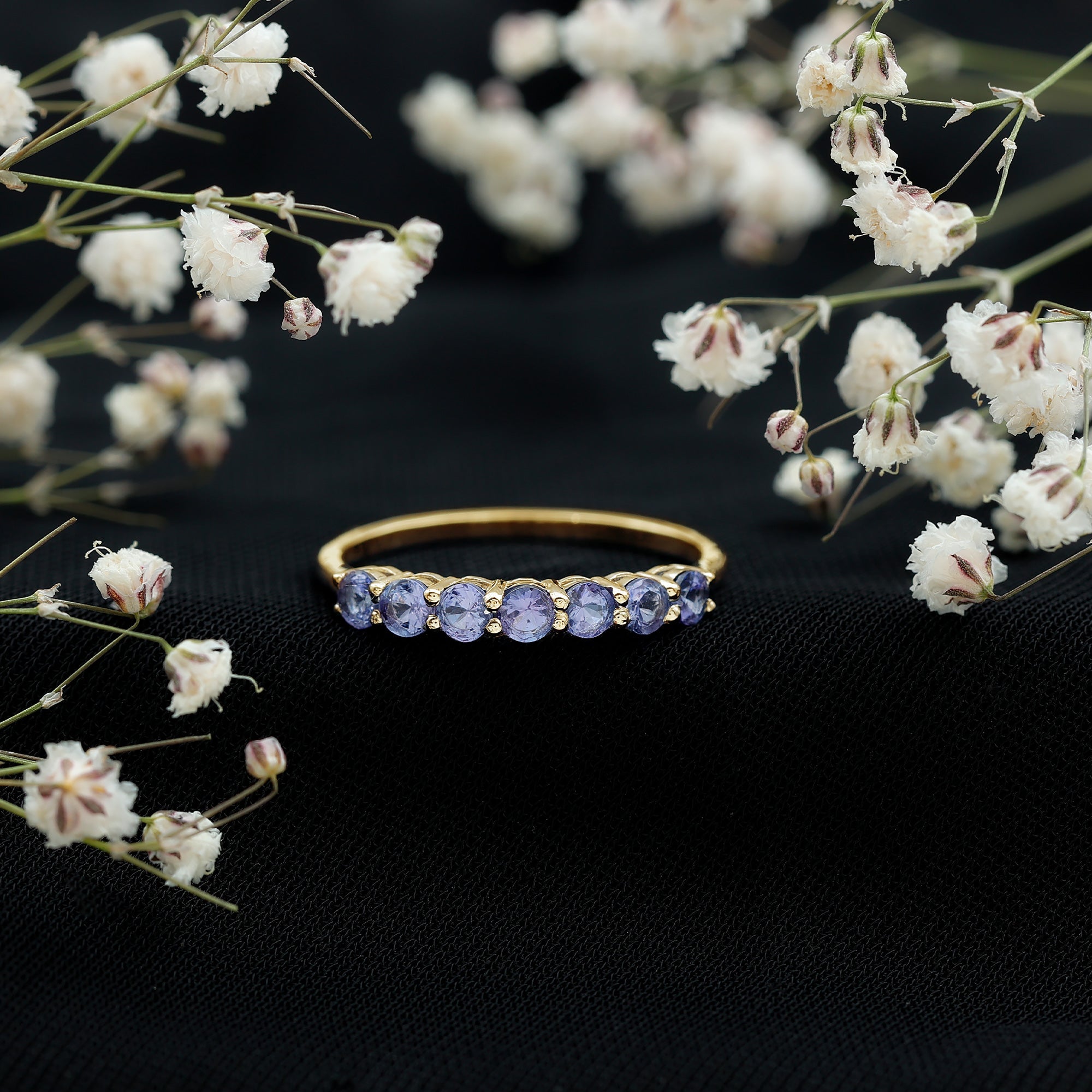 Tanzanite Half Eternity Ring – Natural Blue Gemstone, Shared Prong Setting, AAA Grade