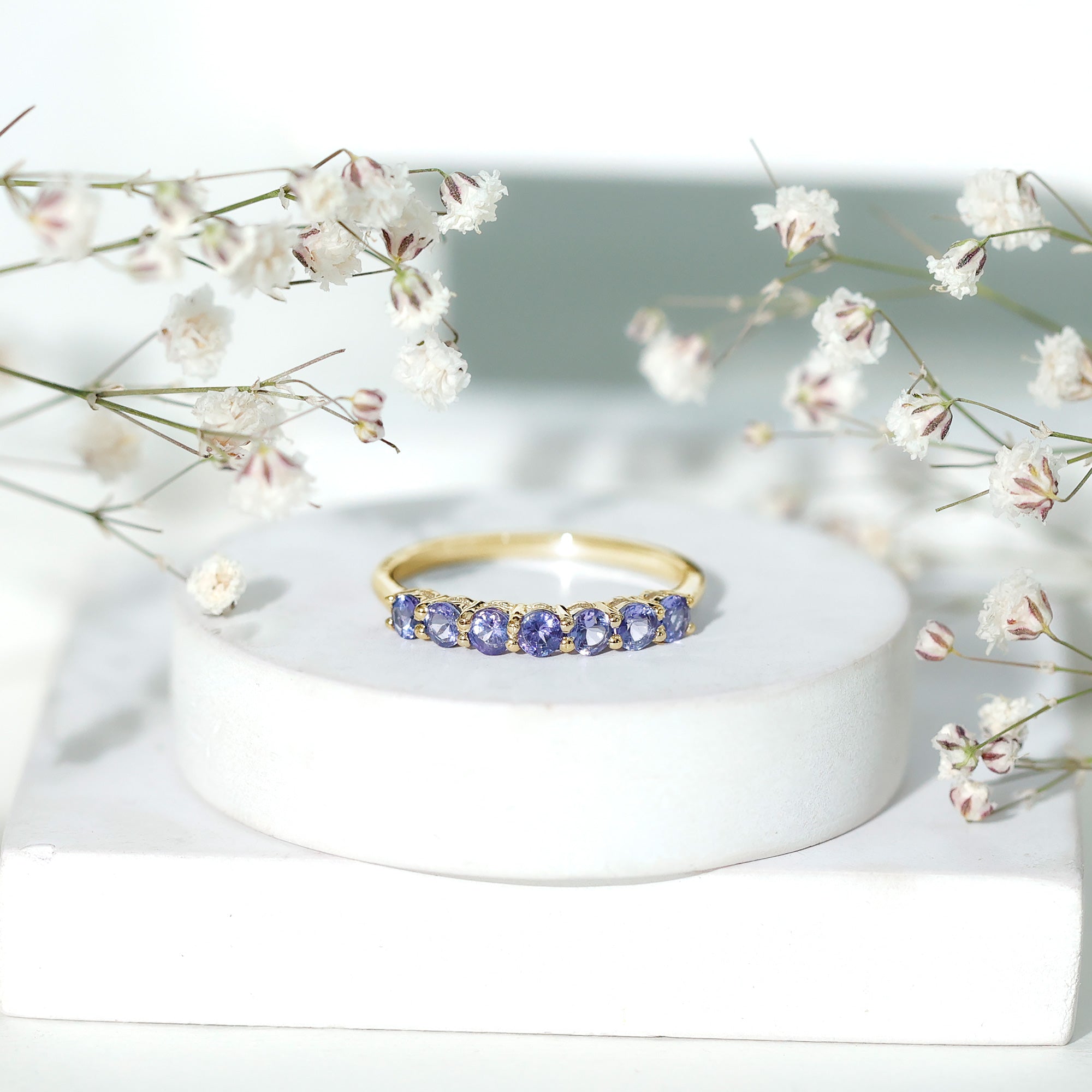 Tanzanite Half Eternity Ring – Natural Blue Gemstone, Shared Prong Setting, AAA Grade