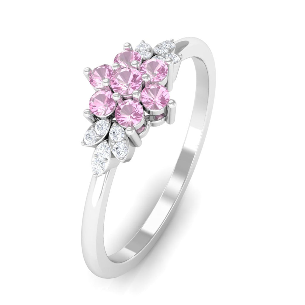 Real pink tourmaline flower cluster ring with diamond accents in white gold