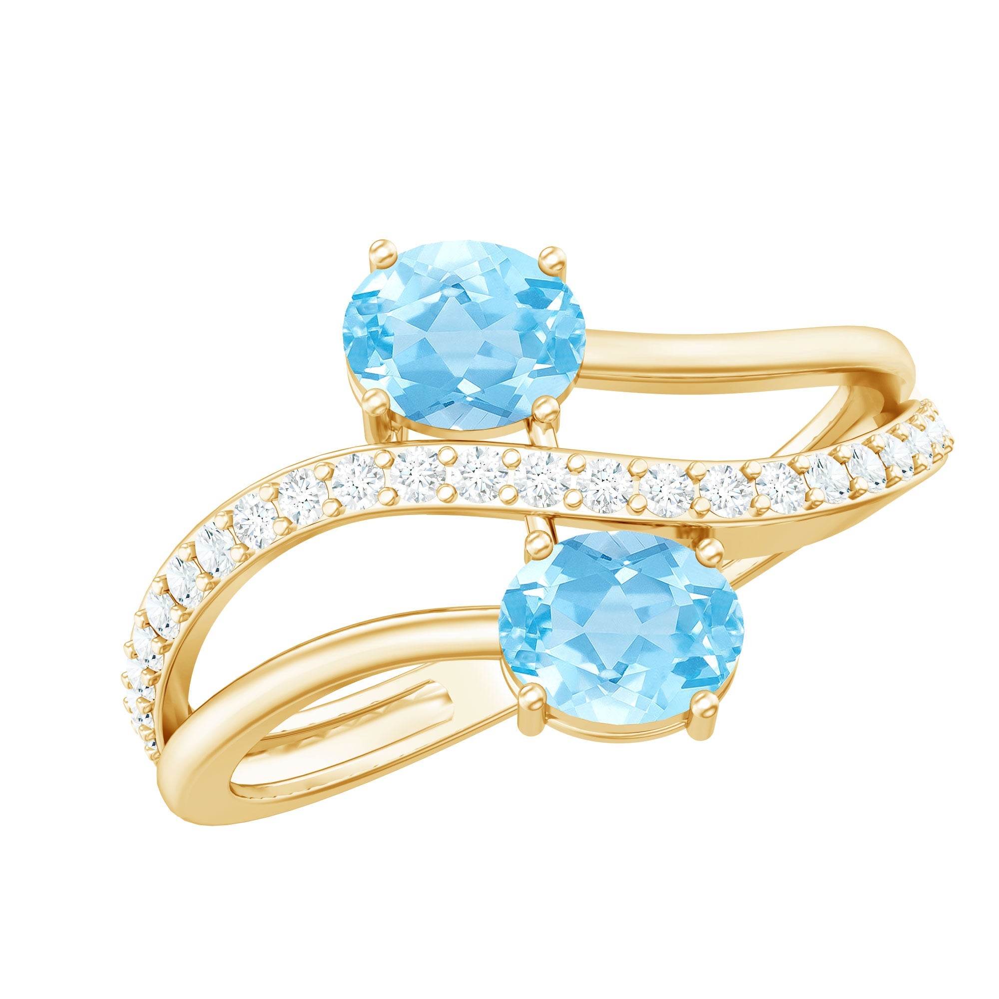 Aquamarine Engagement Ring – Elegant Two Stone Bypass Band with Oval Cut Diamonds