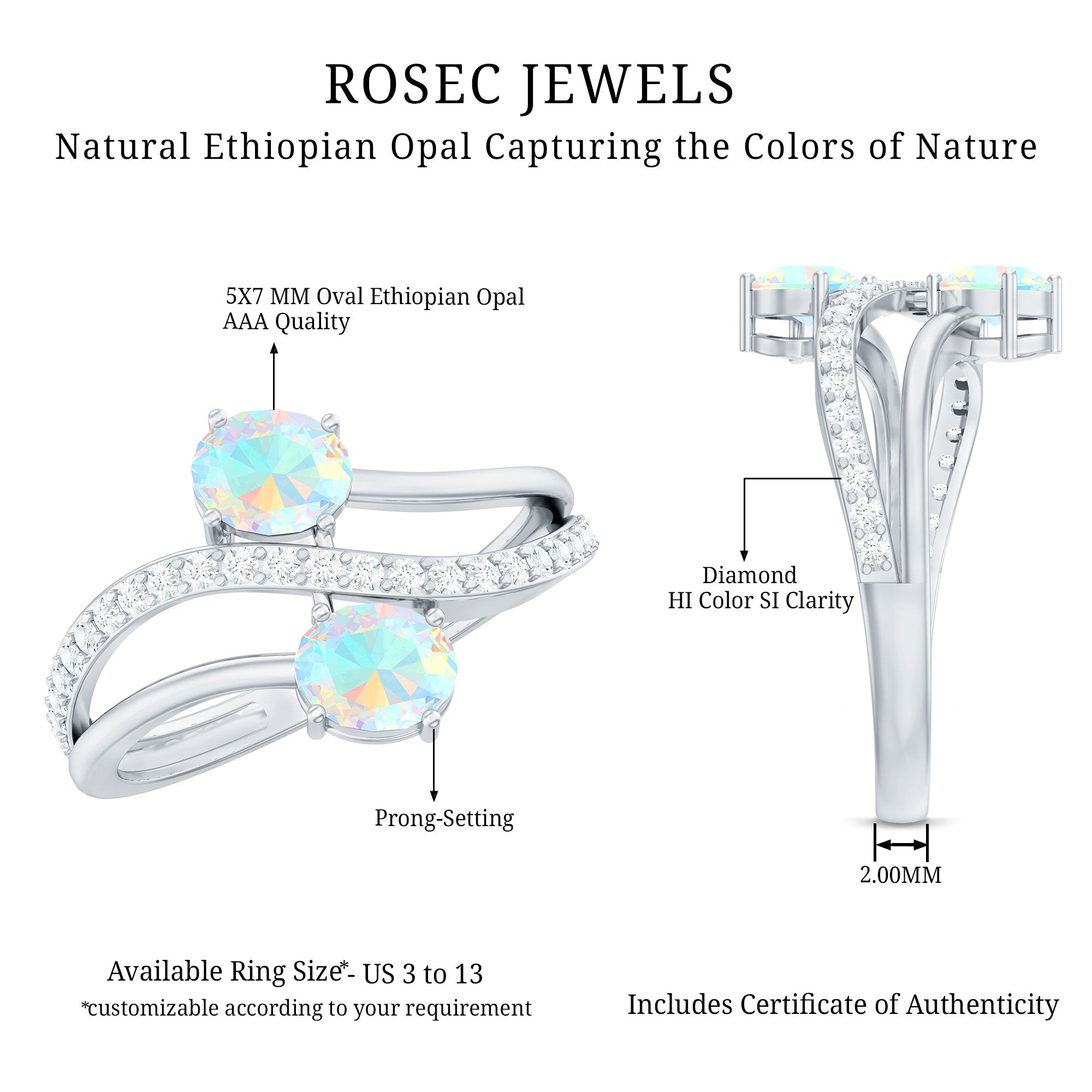 Natural Oval Ethiopian Opal Diamond Toi Et Moi Engagement Ring with Bypass Shank