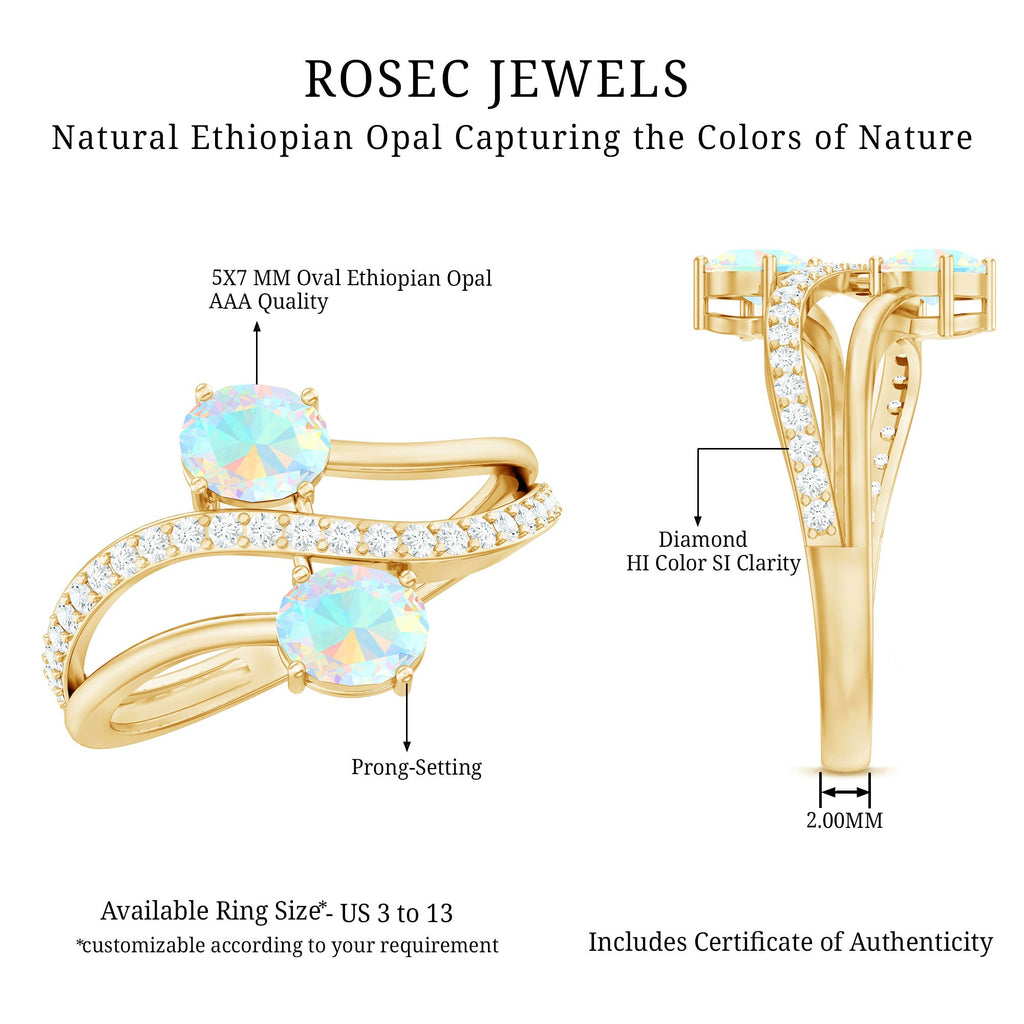 Natural Oval Ethiopian Opal Diamond Toi Et Moi Engagement Ring with Bypass Shank