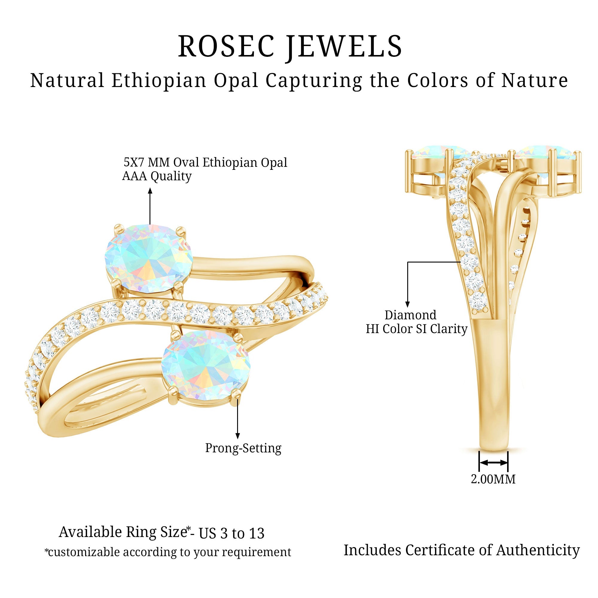 Natural Oval Ethiopian Opal Diamond Toi Et Moi Engagement Ring with Bypass Shank