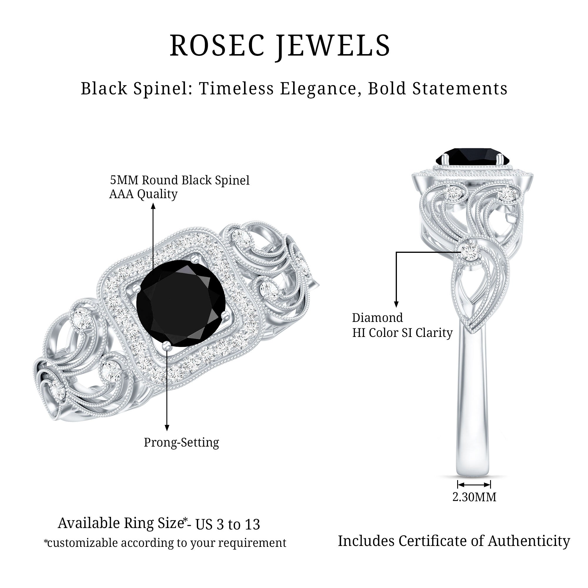 Natural Black Spinel Retro Engagement Ring with Diamond
