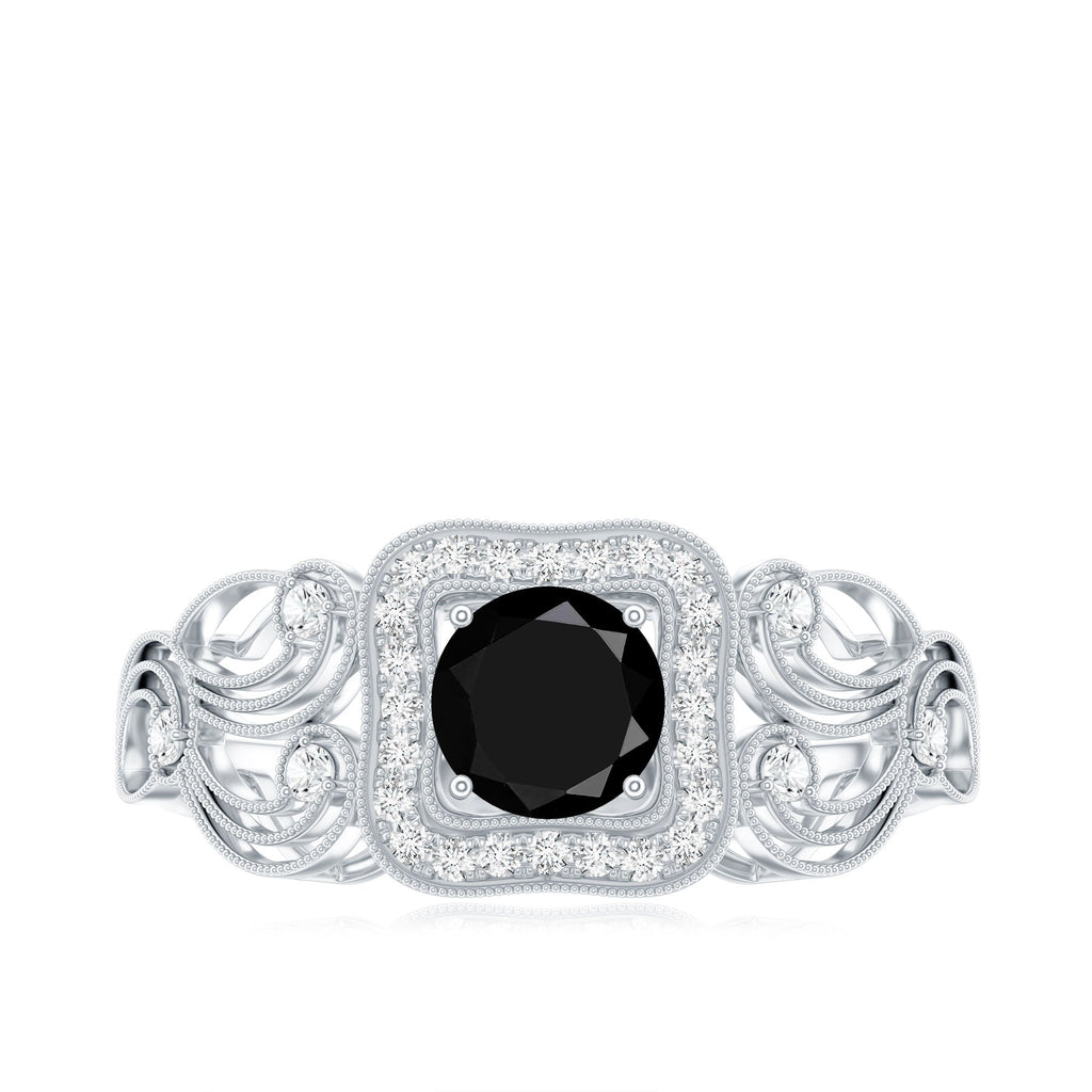Natural Black Spinel Retro Engagement Ring with Diamond