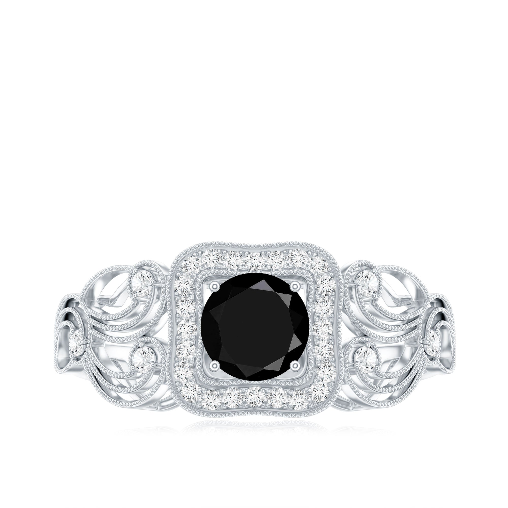 Natural Black Spinel Retro Engagement Ring with Diamond