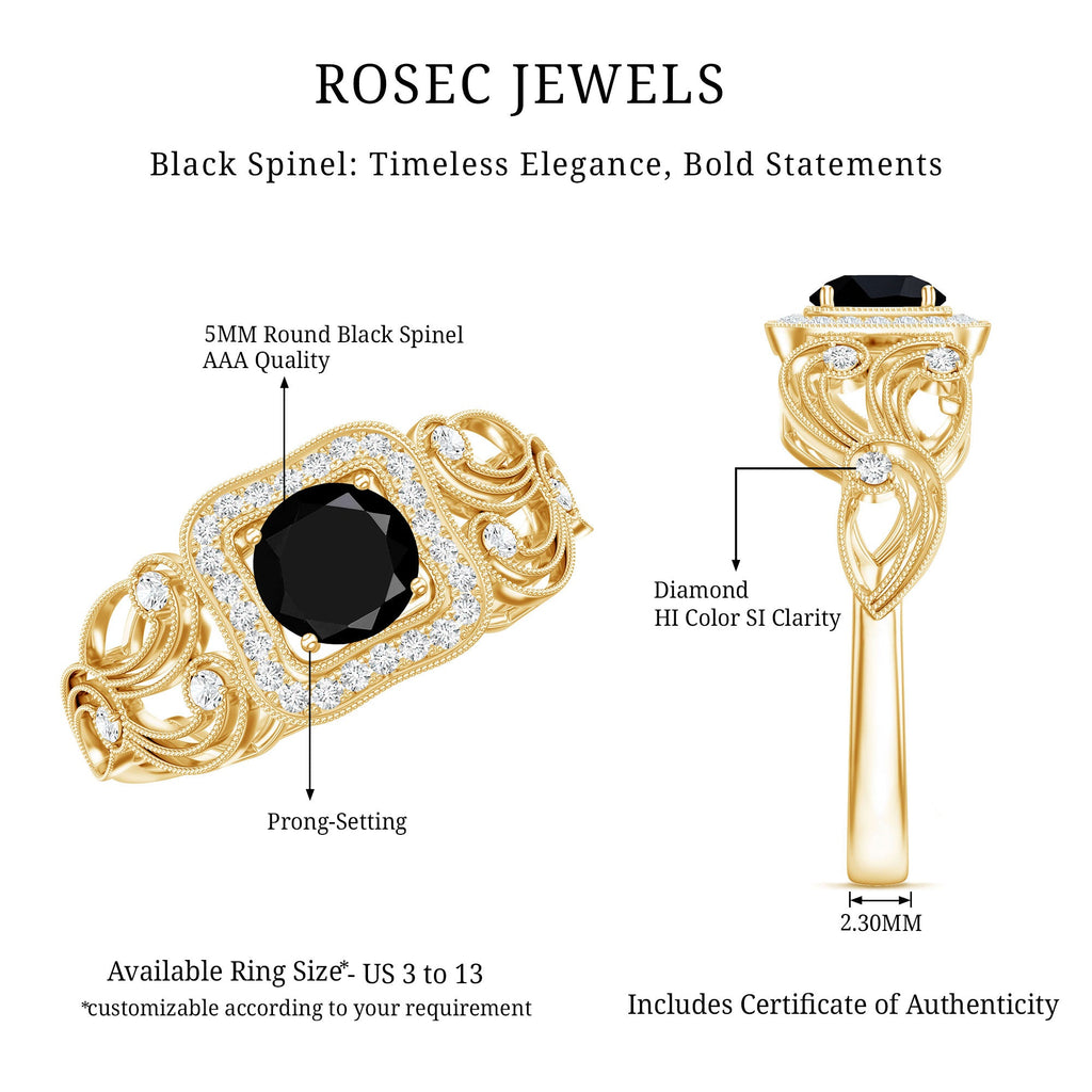 Natural Black Spinel Retro Engagement Ring with Diamond