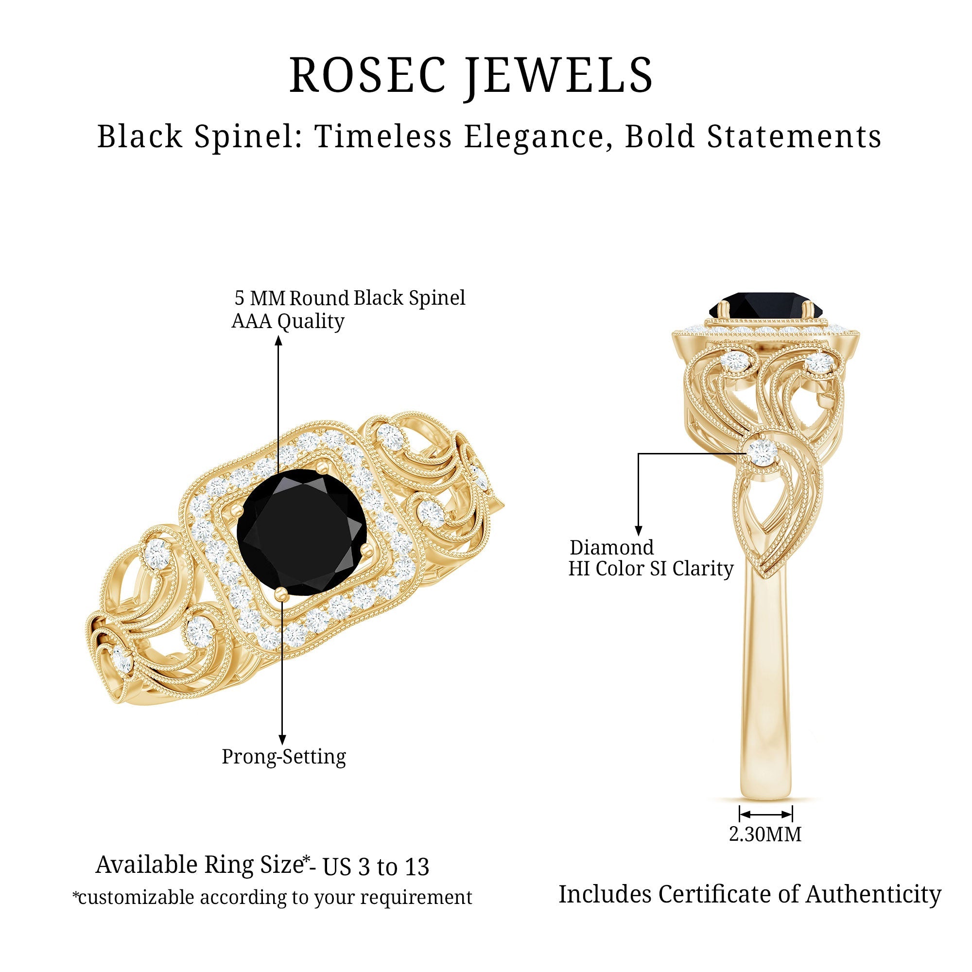 Natural Black Spinel Retro Engagement Ring with Diamond