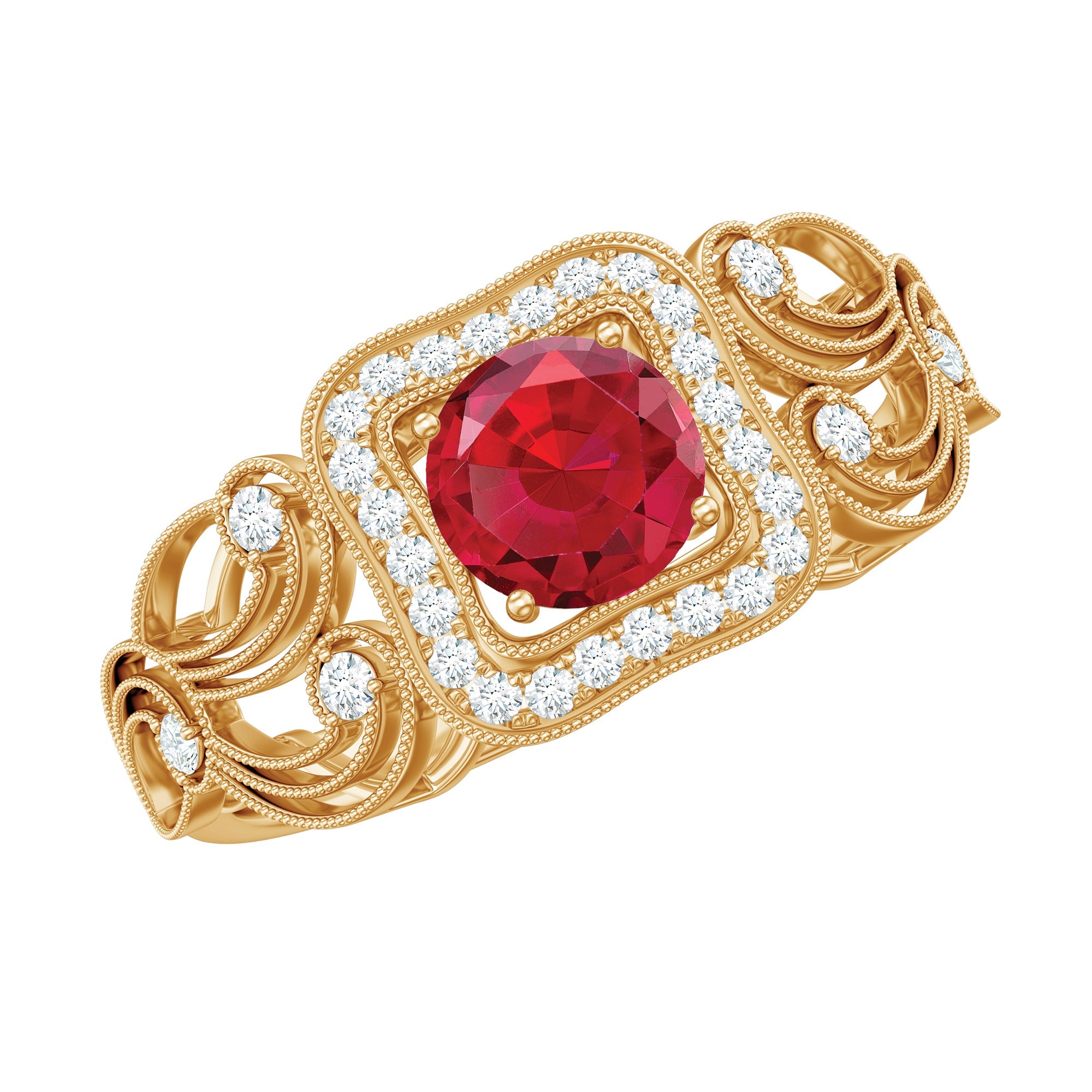 Certified lab created ruby antique engagement ring with diamonds in gold setting