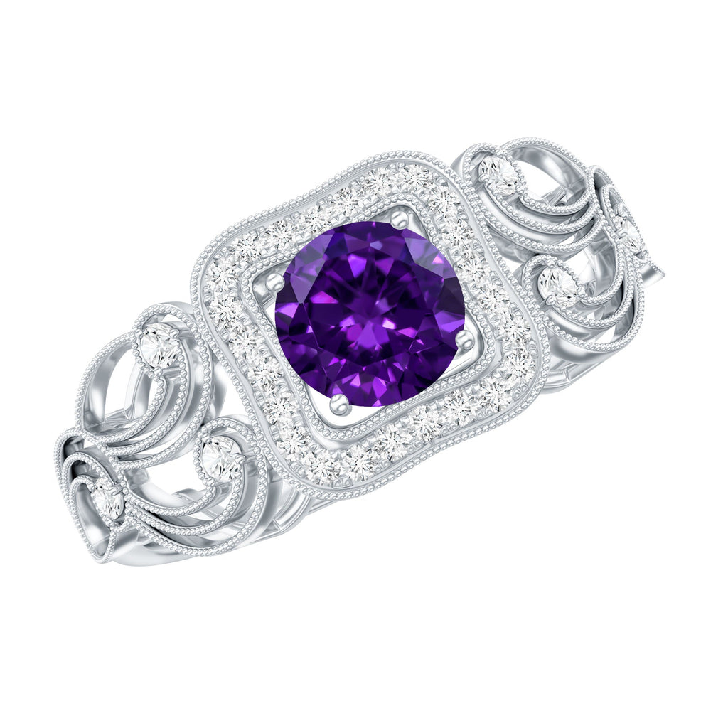 Vintage Inspired Real Amethyst Engagement Ring with Diamond
