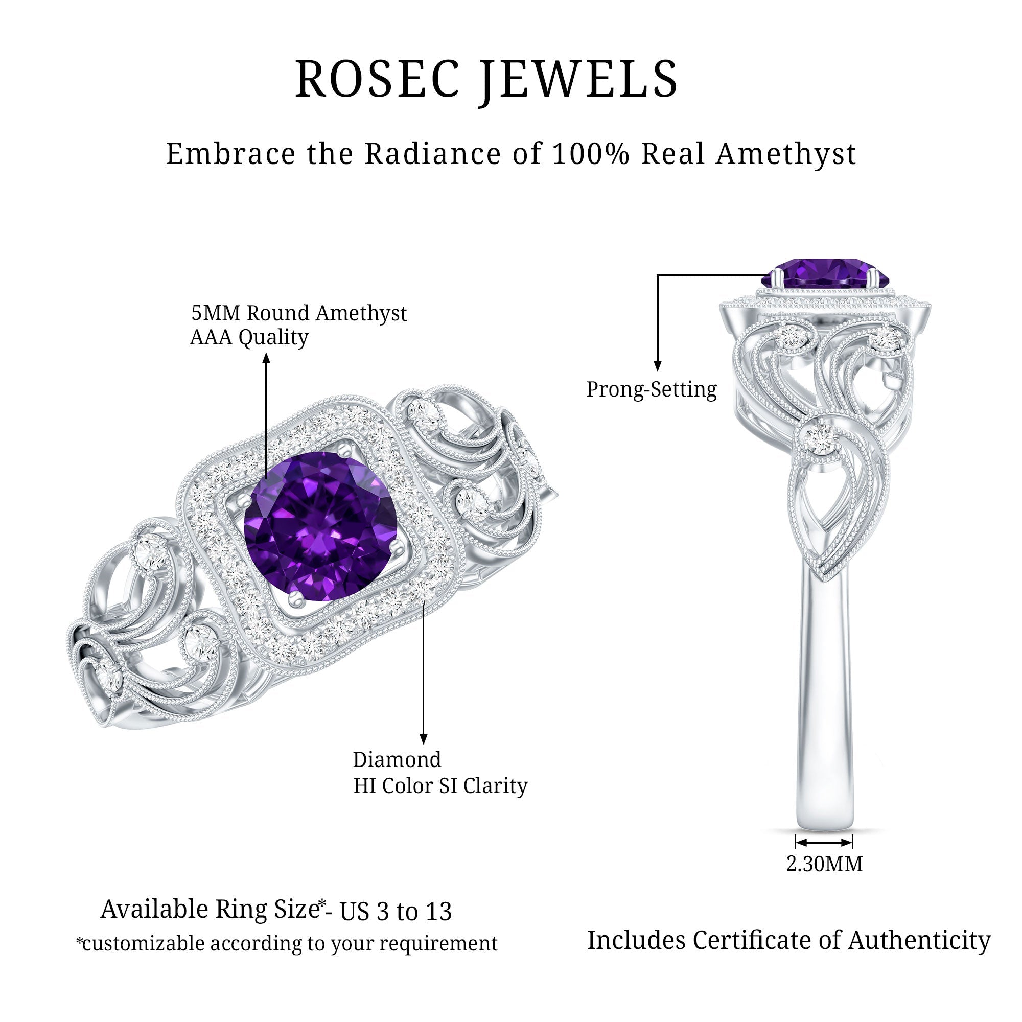 Vintage Inspired Real Amethyst Engagement Ring with Diamond