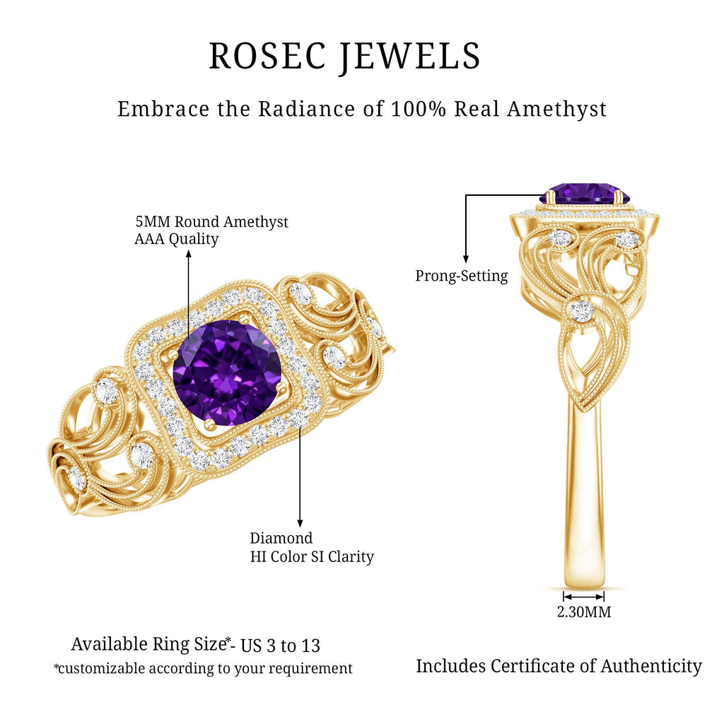 Vintage Inspired Real Amethyst Engagement Ring with Diamond