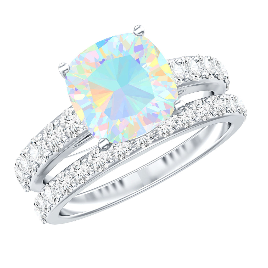 Certified Natural Ethiopian Opal Cushion Cut Engagement Ring with Wedding Band