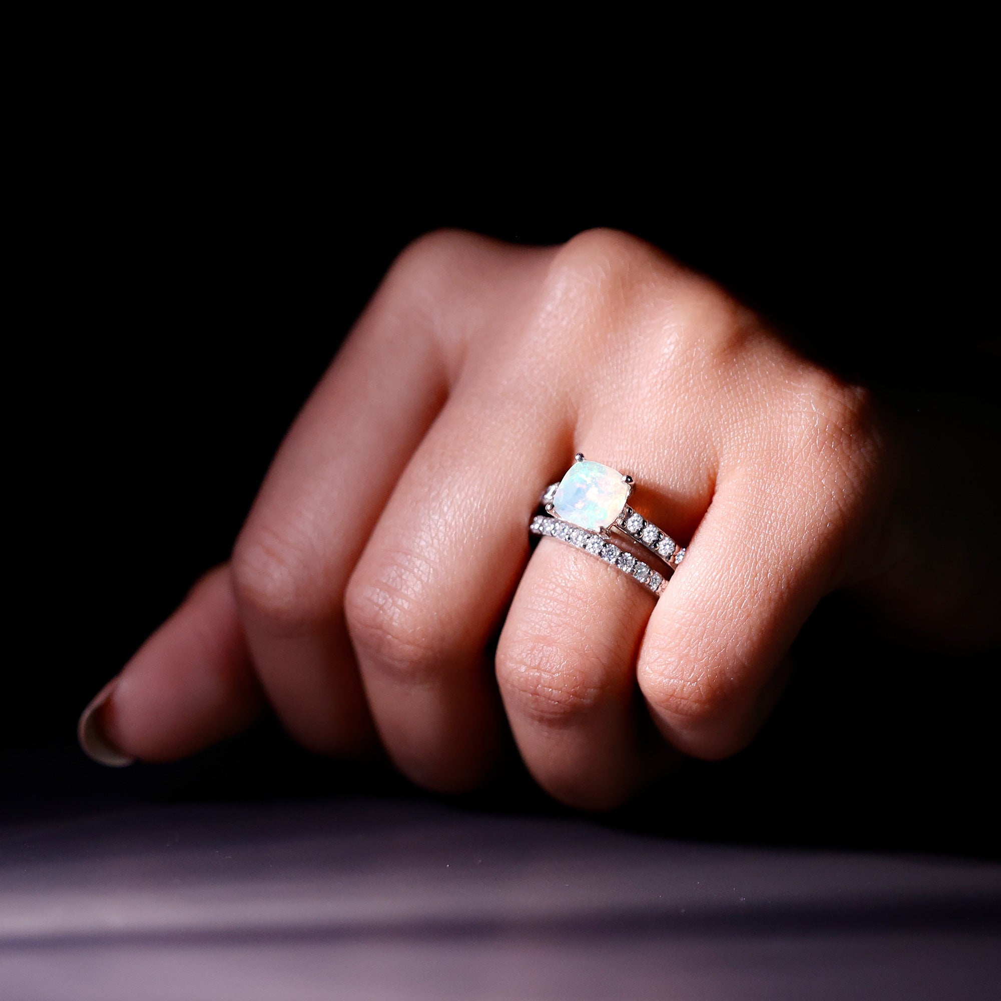 Certified Natural Ethiopian Opal Cushion Cut Engagement Ring with Wedding Band