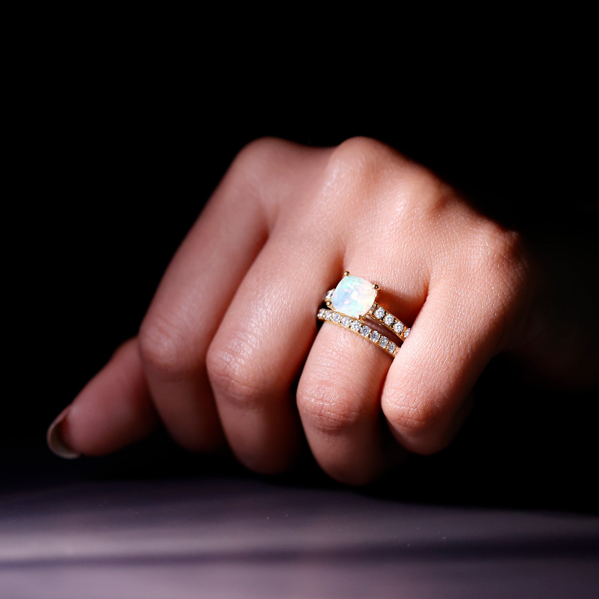 Certified Natural Ethiopian Opal Cushion Cut Engagement Ring with Wedding Band