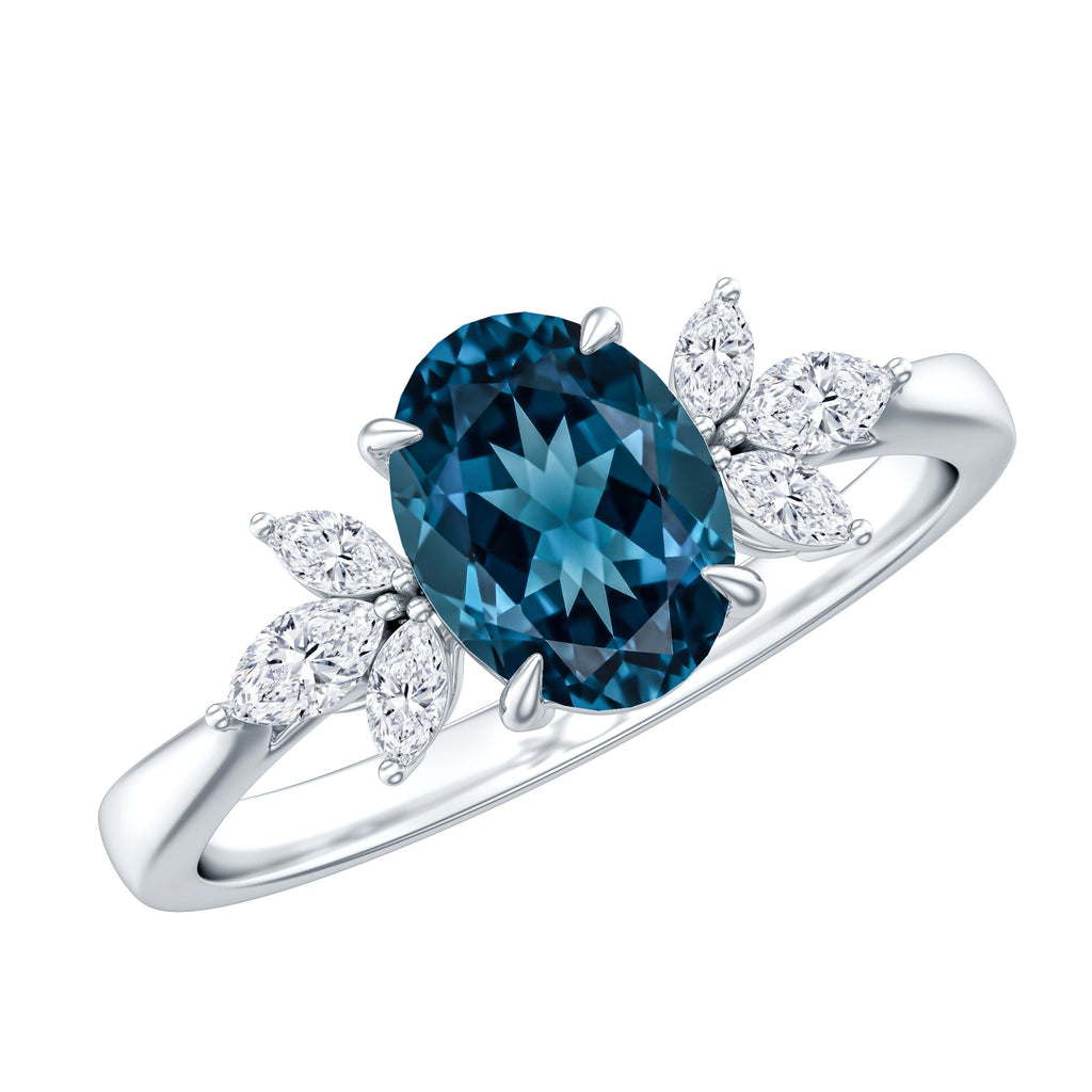 Oval Cut London Blue Topaz Engagement Ring with Diamond Trio
