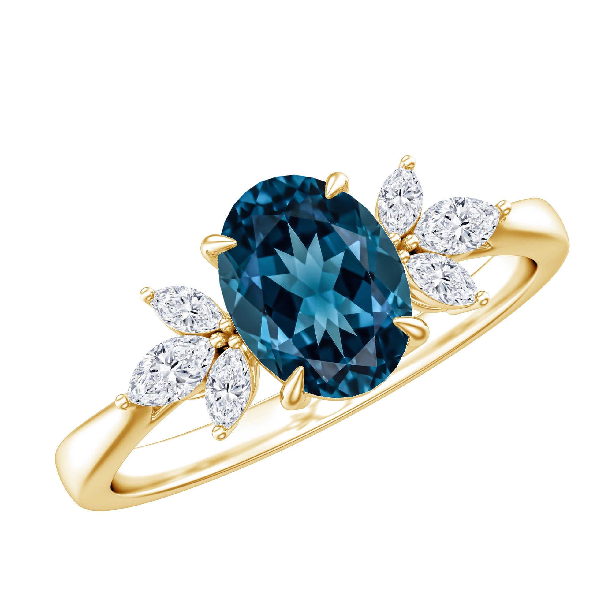 Oval Cut London Blue Topaz Engagement Ring with Diamond Trio