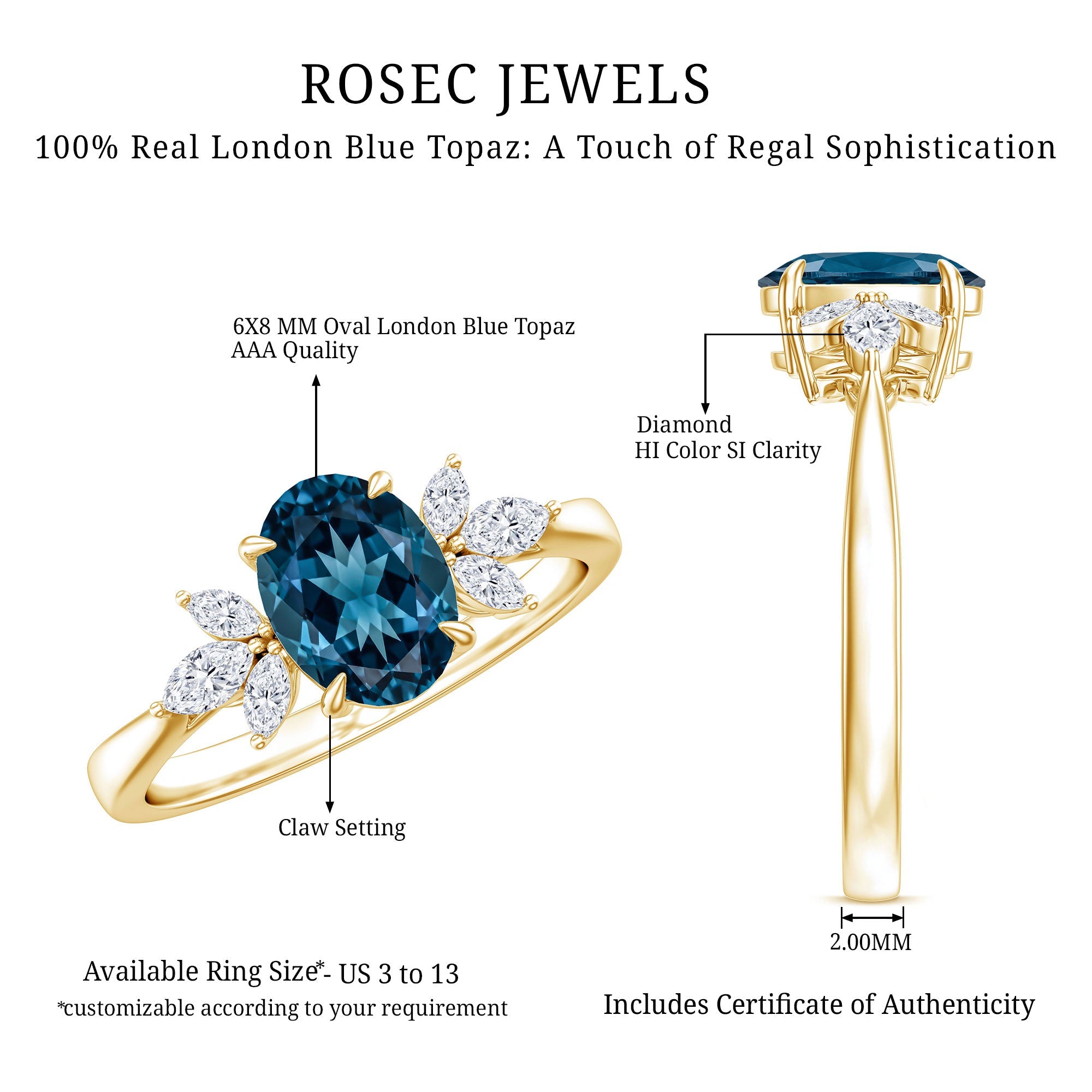 Oval Cut London Blue Topaz Engagement Ring with Diamond Trio