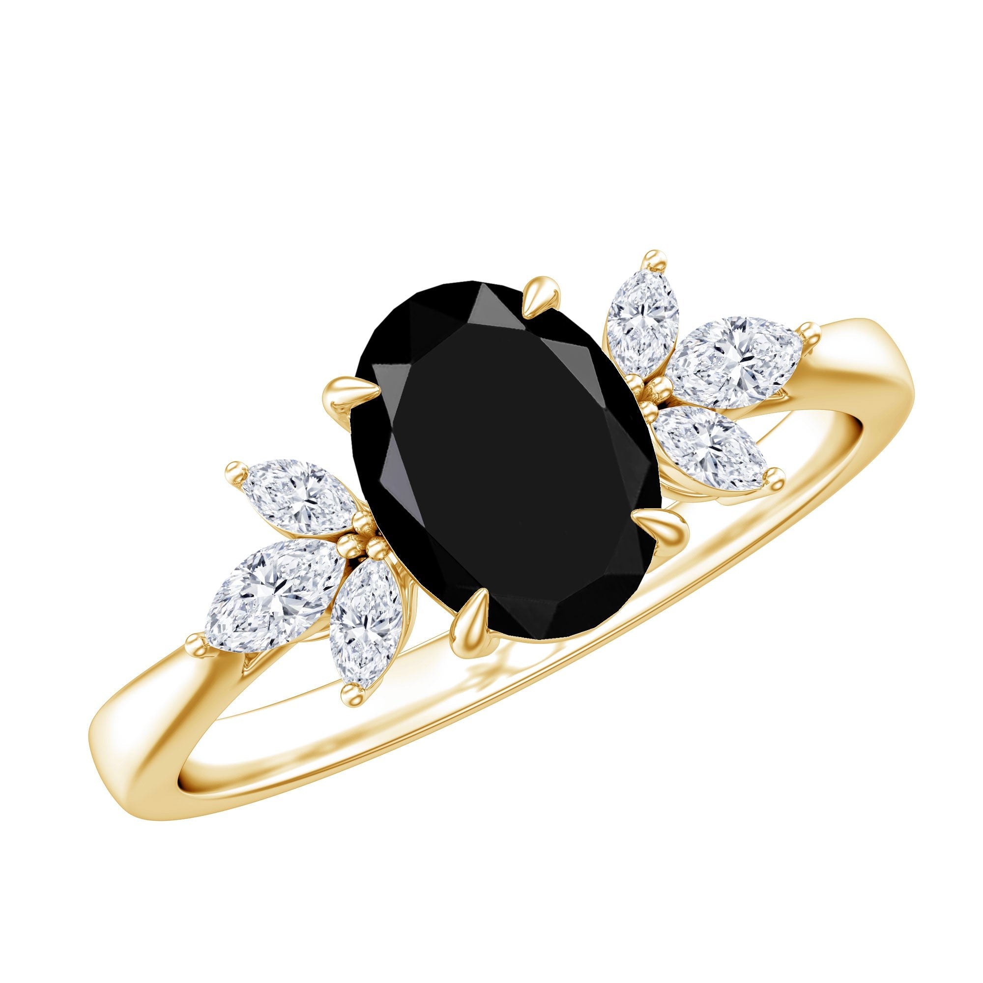 Oval Cut Black Onyx Engagement Ring with Diamond Trio