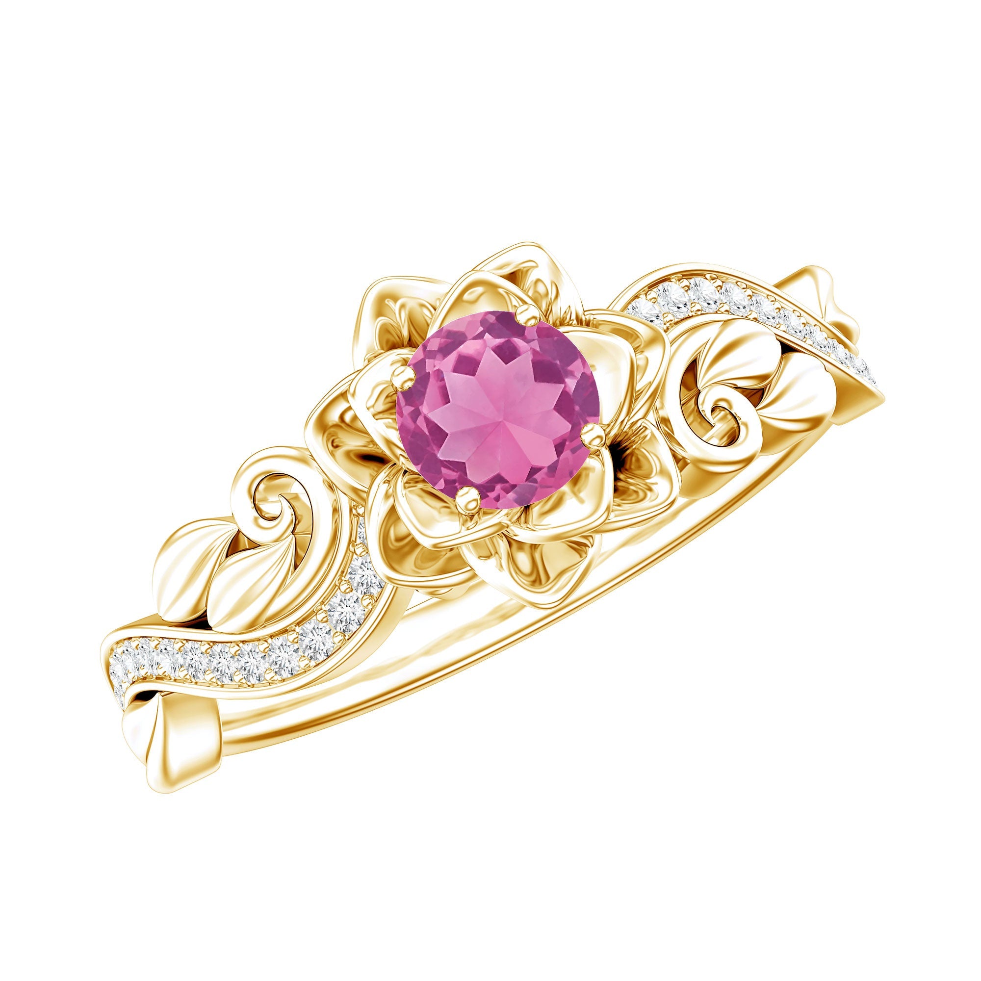 Pink Tourmaline Engagement Ring – Floral Motif Jewelry With Diamond Band