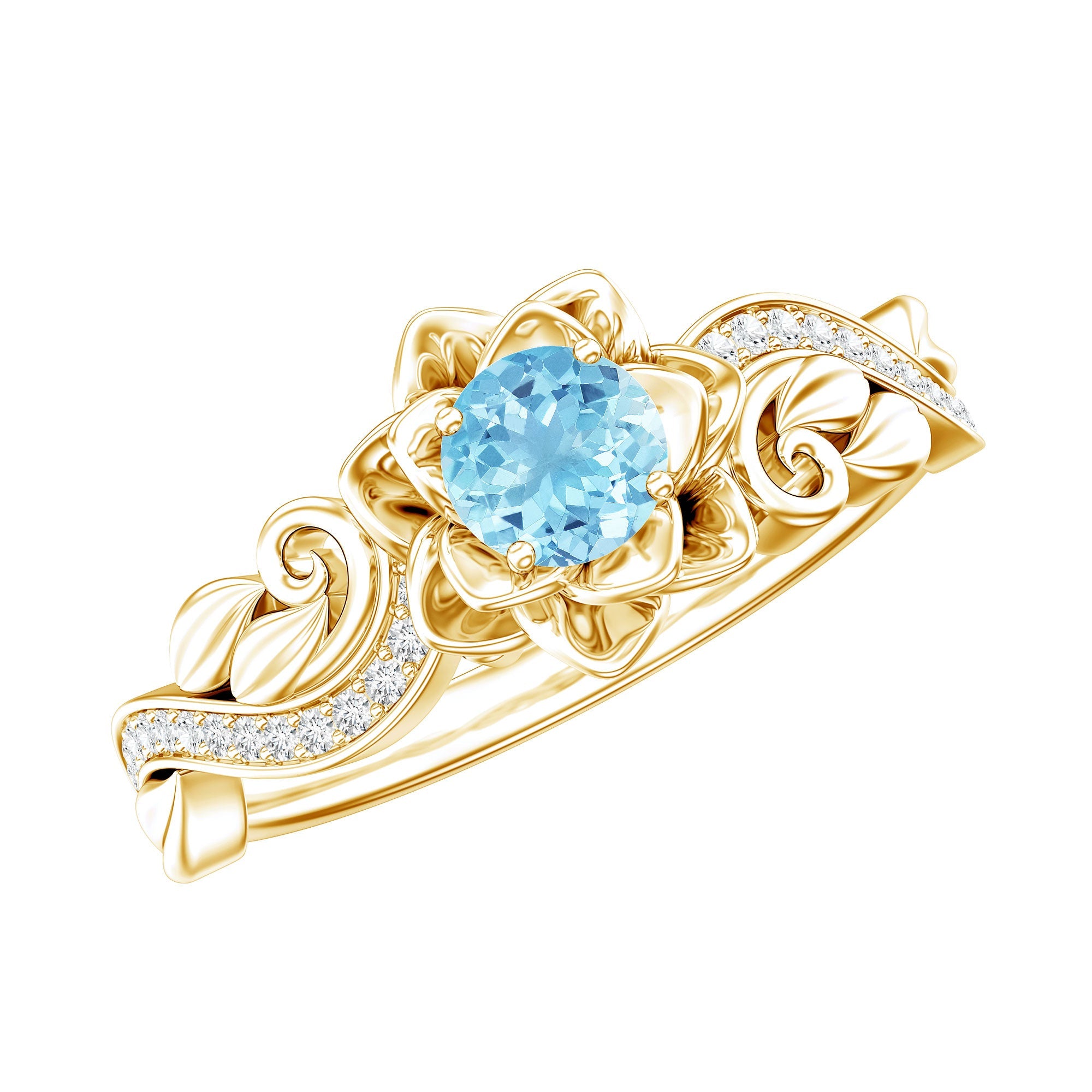 Aquamarine Engagement Ring – Flower Inspired Diamond Accent Blue Gemstone Ring