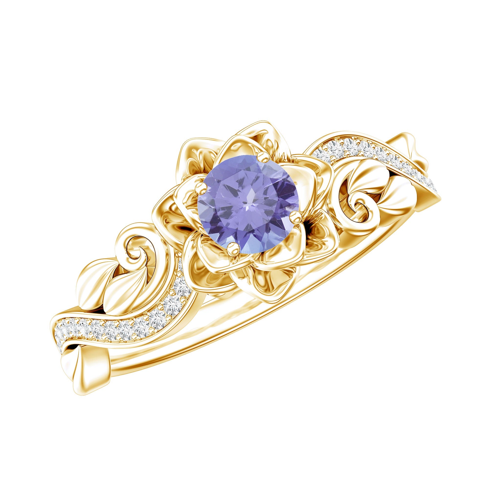 Tanzanite Engagement Ring – Blue Round Cut Tanzanite With Diamond Wedding Band