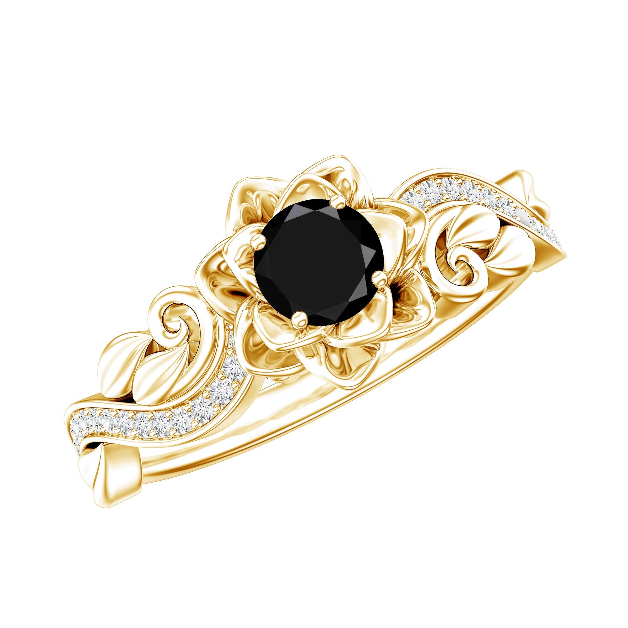 Real Black Spinel Blooming Flower Engagement Ring with Diamond