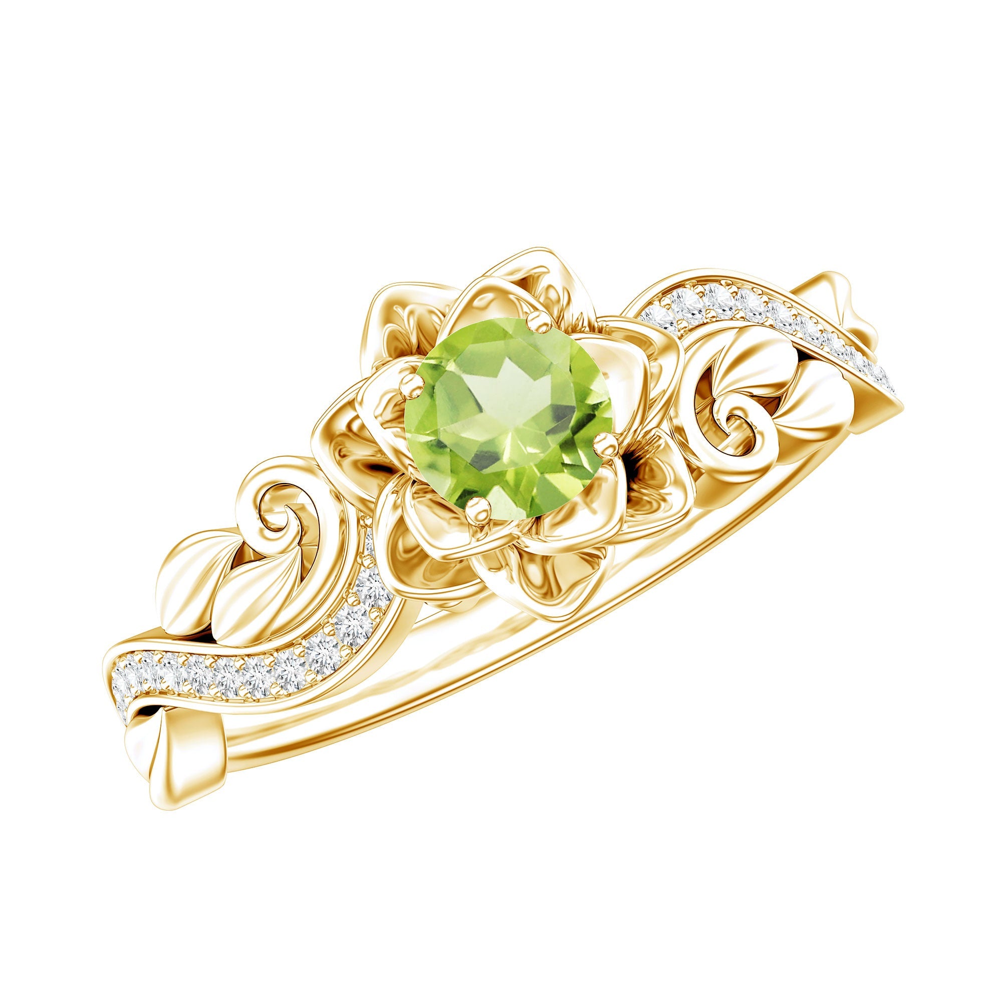 Peridot Engagement Ring – Floral Design Ring with AAA Quality Peridot & Diamonds
