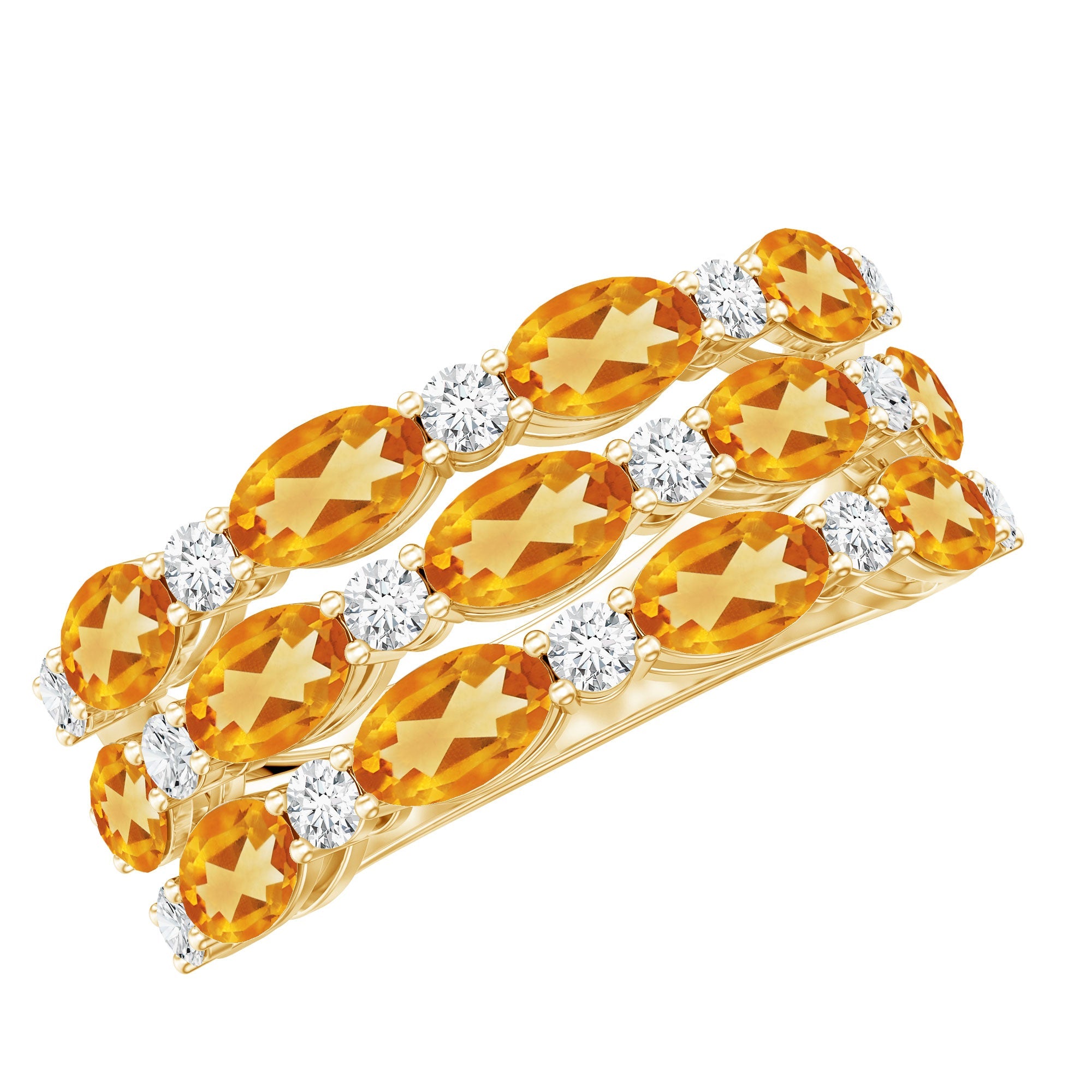 A gold ring with a row of oval-shaped amber-colored gemstones, each adorned with a small round diamond.