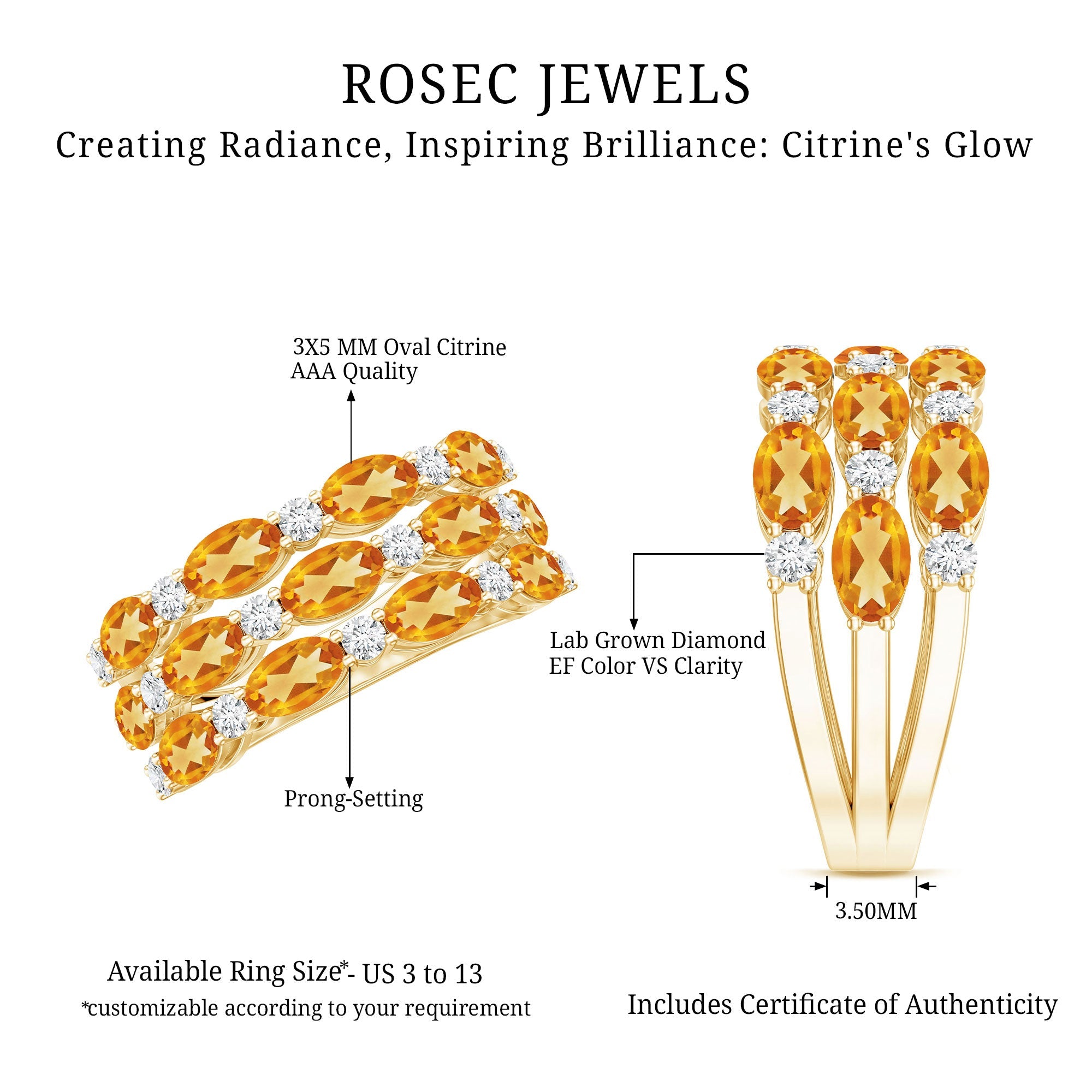 The image is a promotional image for roseec jewels, showcasing their jewelry designs. It features two different ring designs, one with a lab-grown diamond and the other with a 3.50mm gold band. The image highlights the radiant, inspiring brilliance of the Citrine's glow, and it includes a 3.50MM ring size ranging from US 3 to 13, customizable according to the customer's preference. The image also includes a certificate of authenticity, indicating the authenticity of the jewelry.