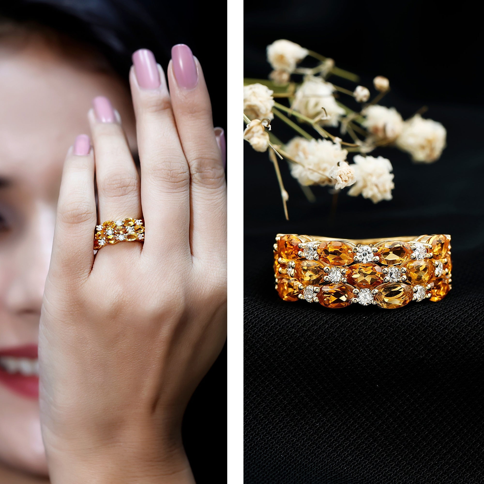 A woman's hand wearing a gold ring with a large, ornate stone set, and a close-up of a ring with a similar design.
