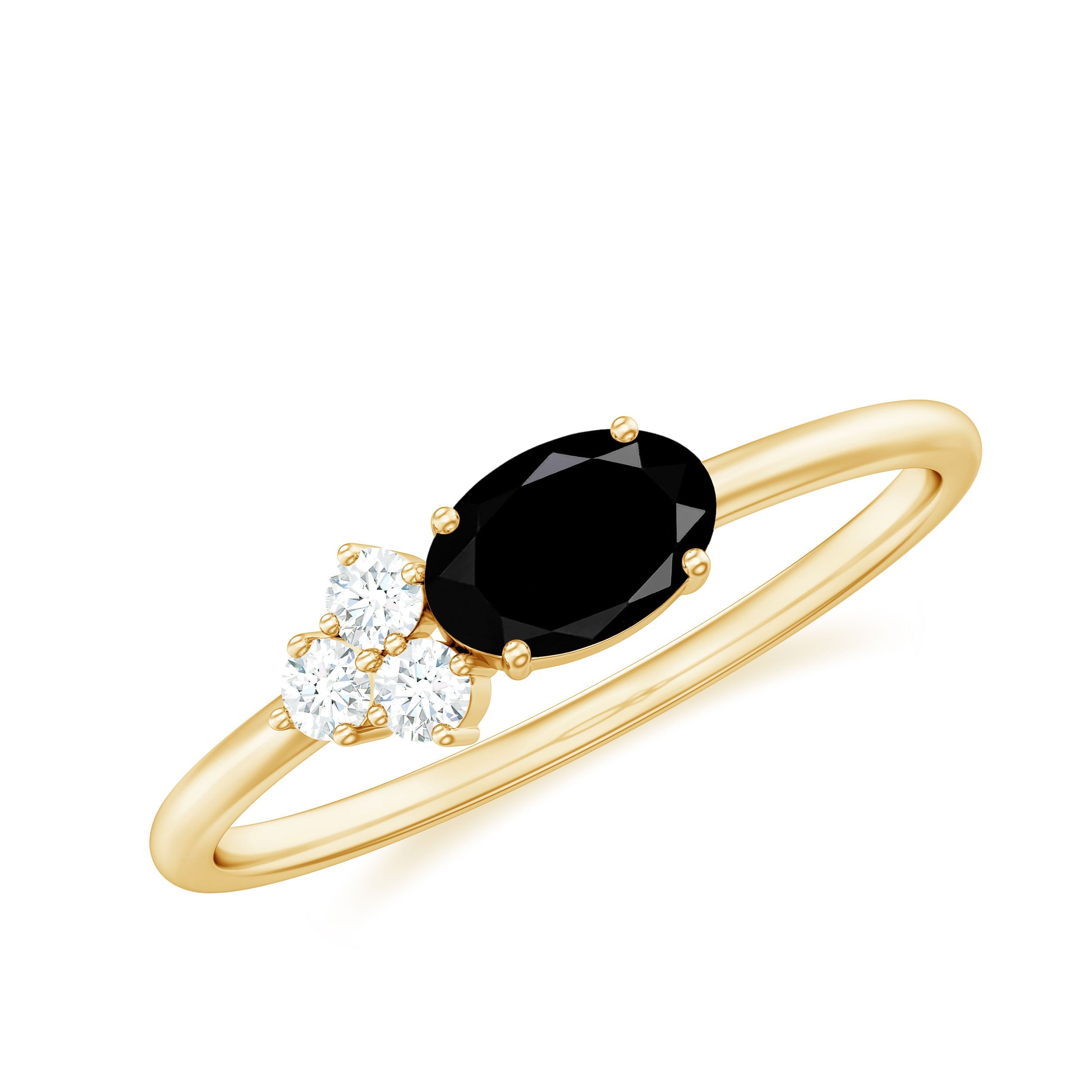 0.4 Carat Oval Cut Black Onyx Minimal Promise Ring with Diamond Trio
