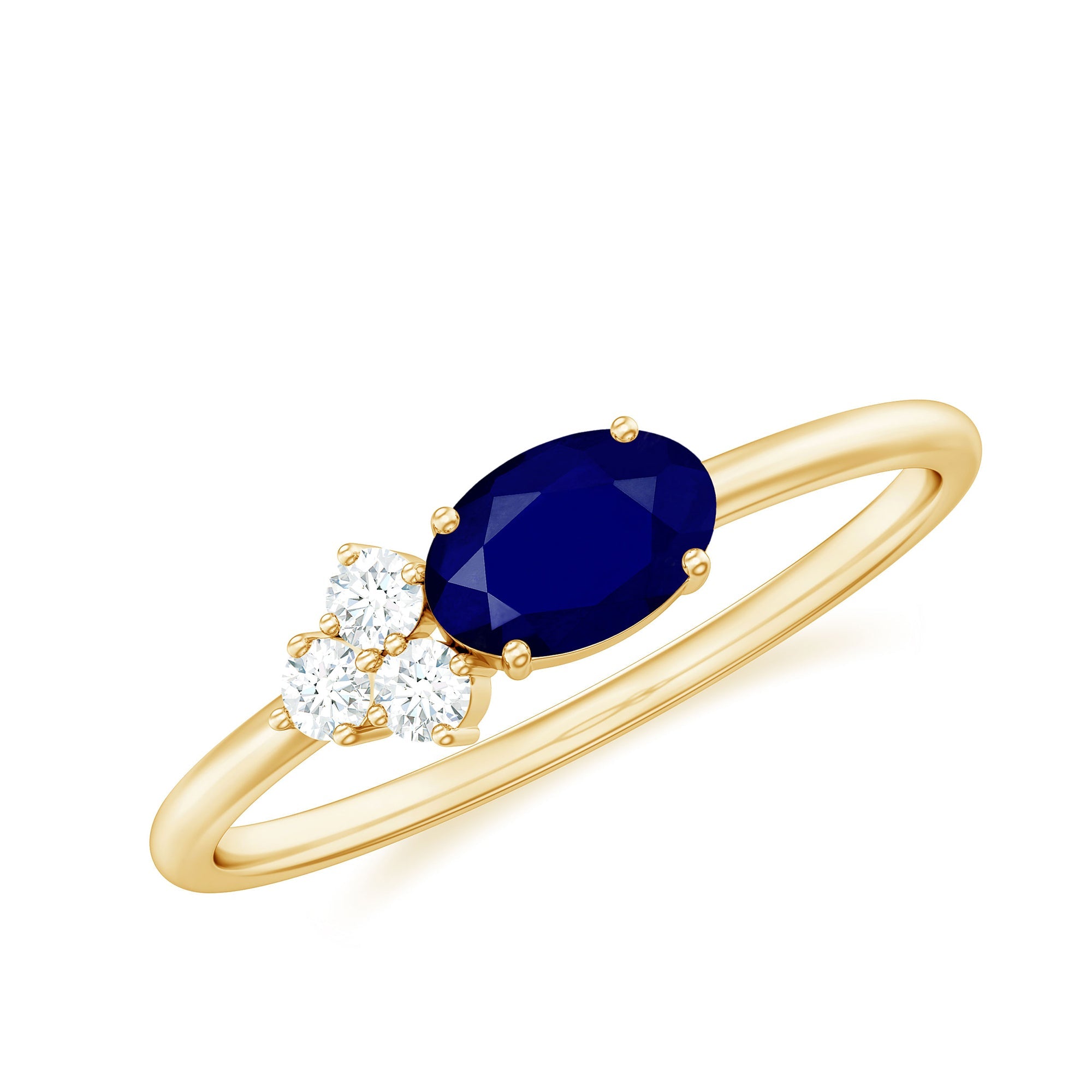 Natural Oval Cut Blue Sapphire Promise Ring with Diamond Trio