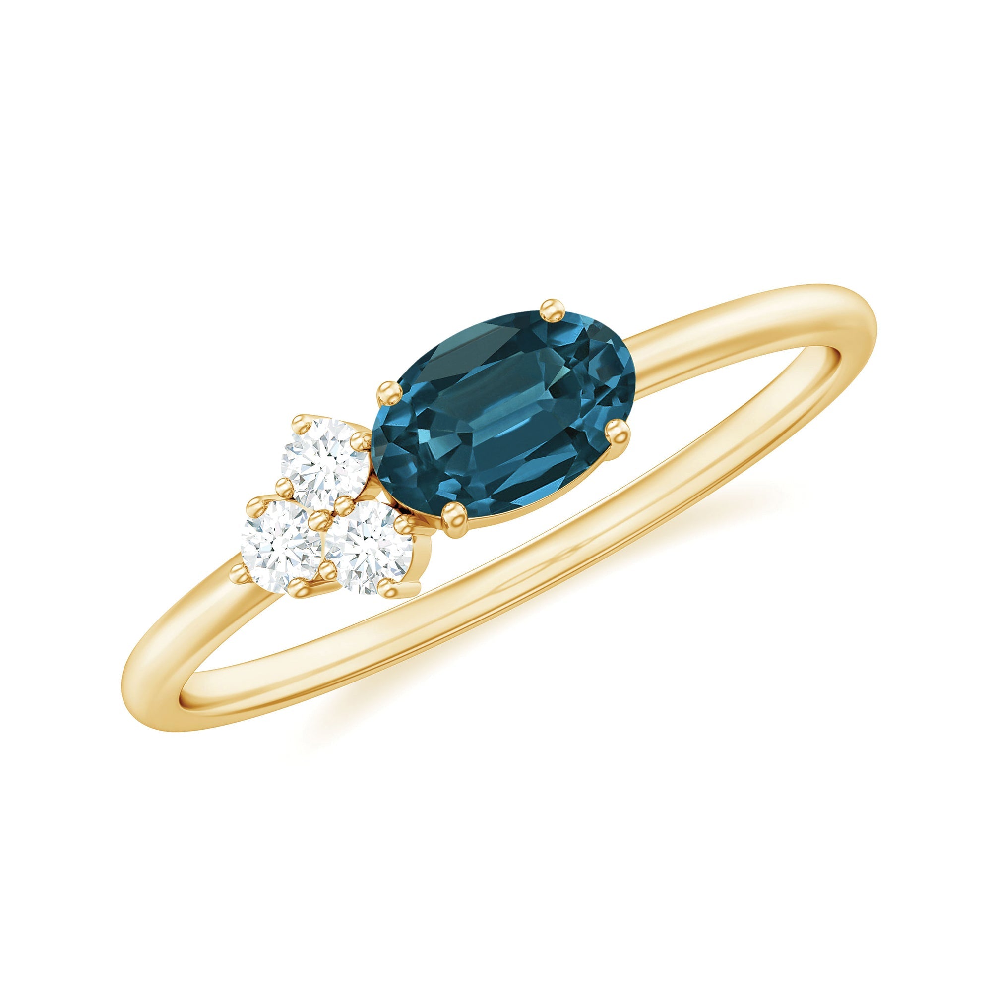 0.4 Carat Oval Cut London Blue Topaz East West Promise Ring with Diamond Trio