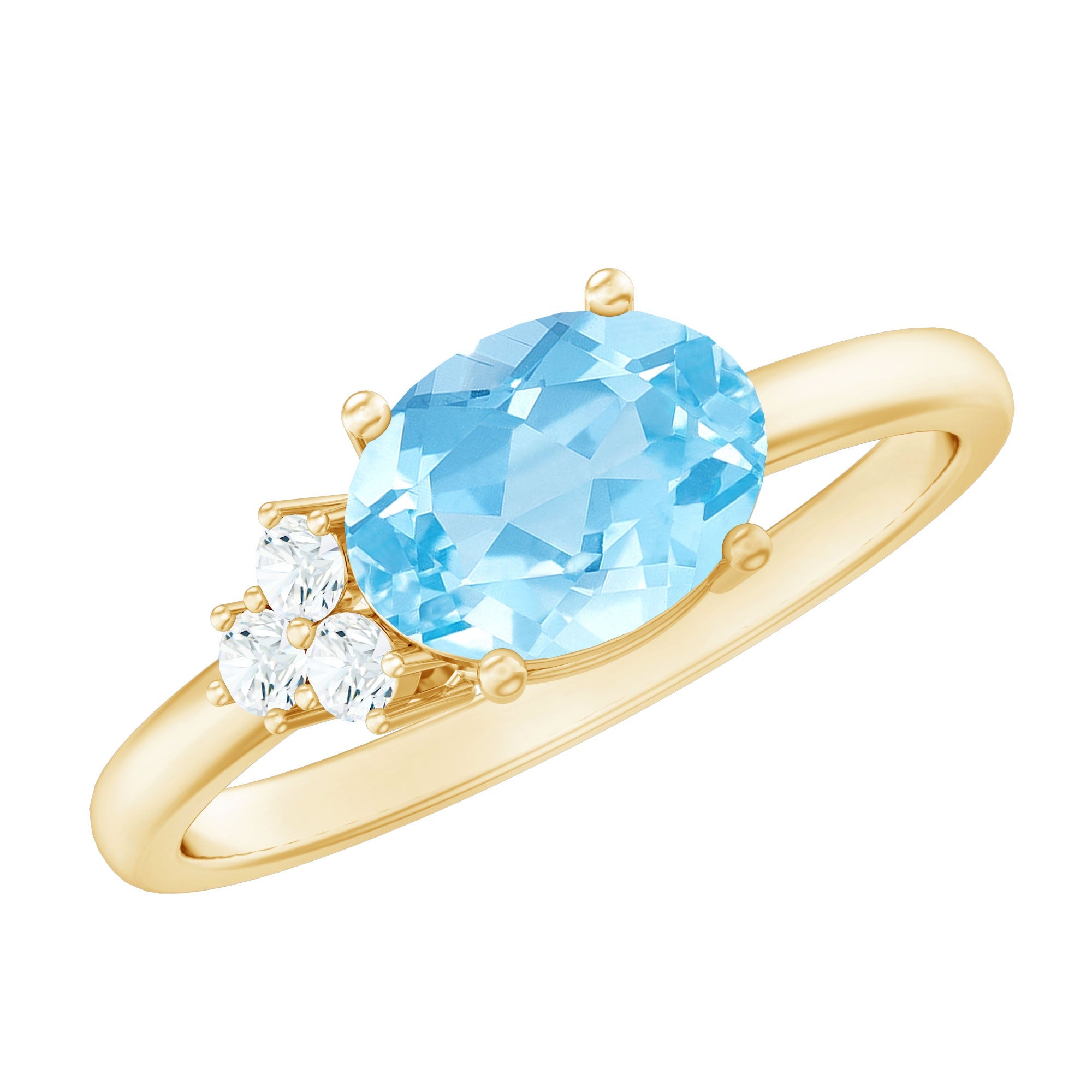 Aquamarine Promise Ring – Oval 1 Carat AAA Quality Blue Gemstone With Diamond Trio