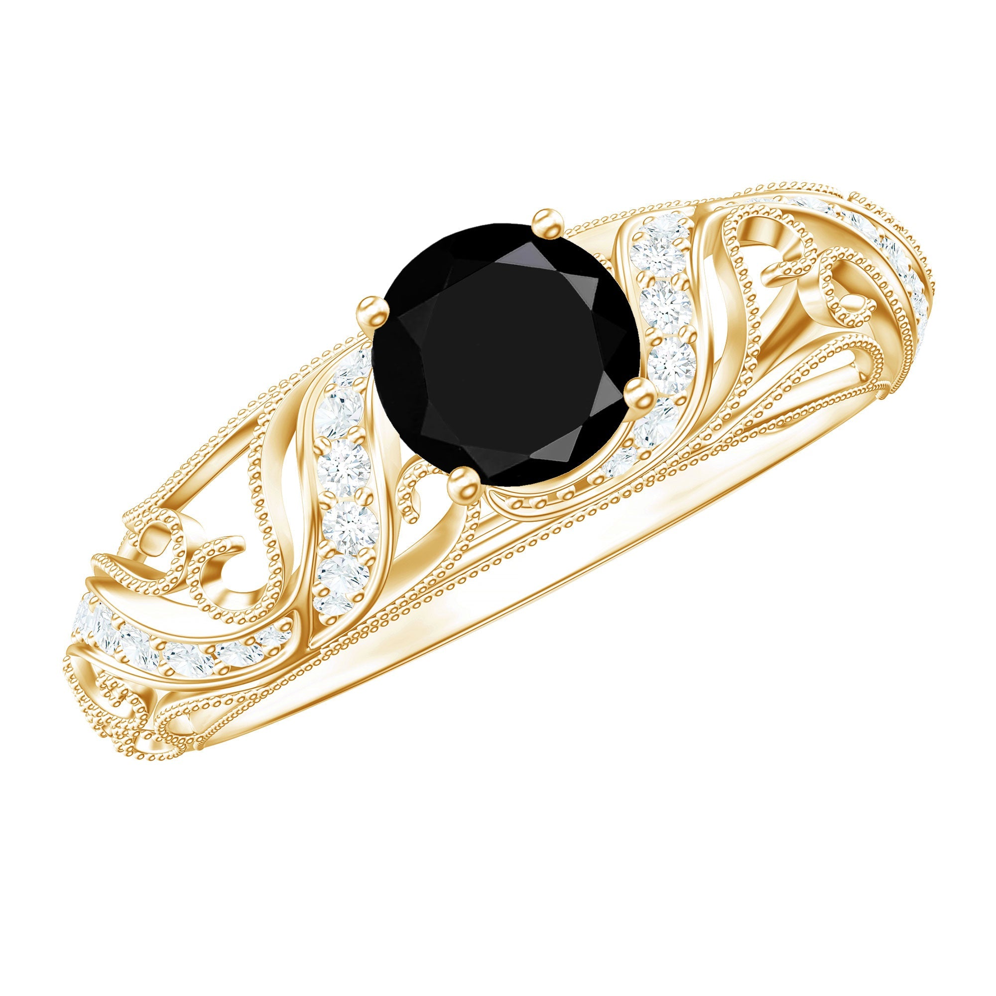 Vintage Looking Black Spinel Engagement Ring with Diamond