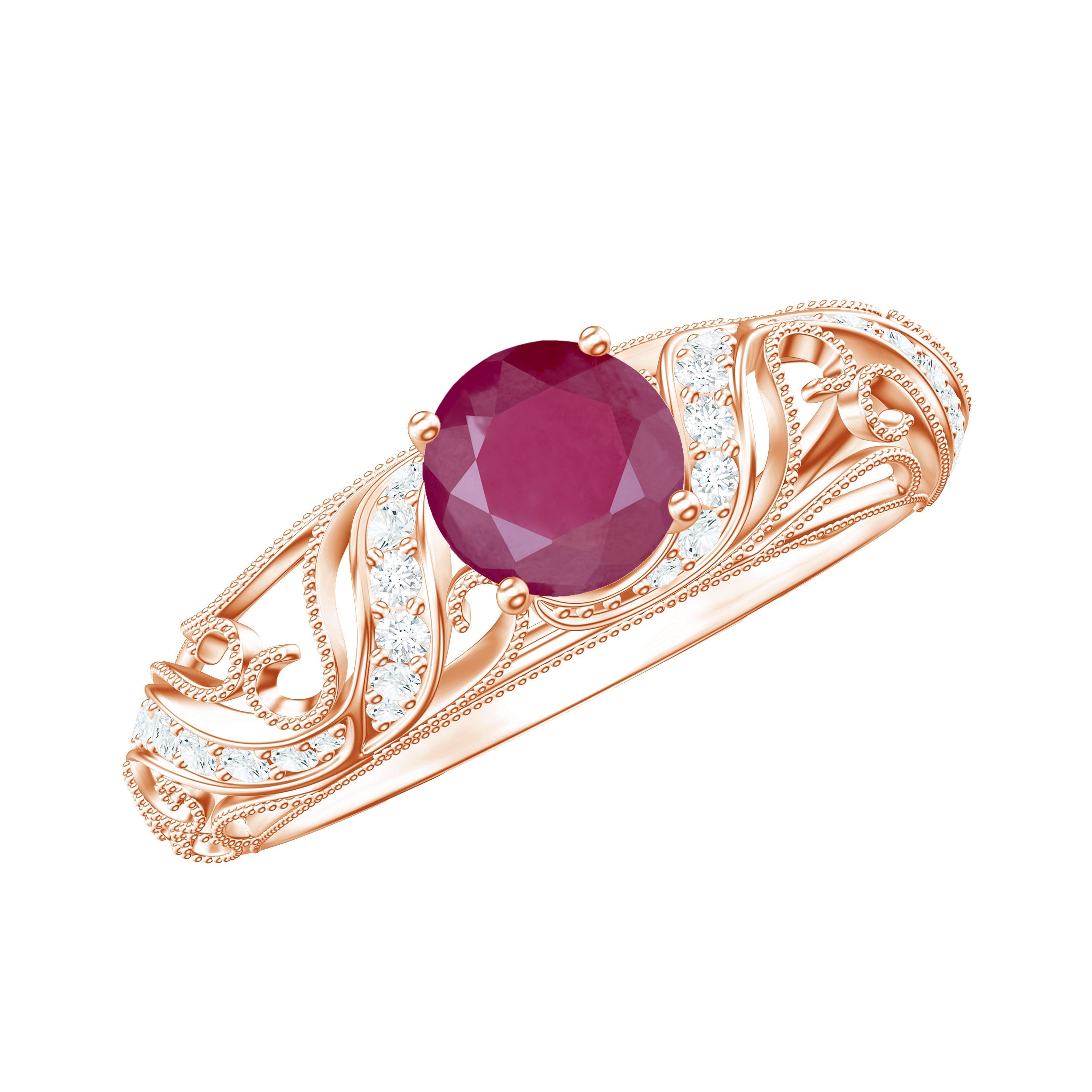 Vintage style 0.6 carat ruby engagement ring with diamond accents in rose gold