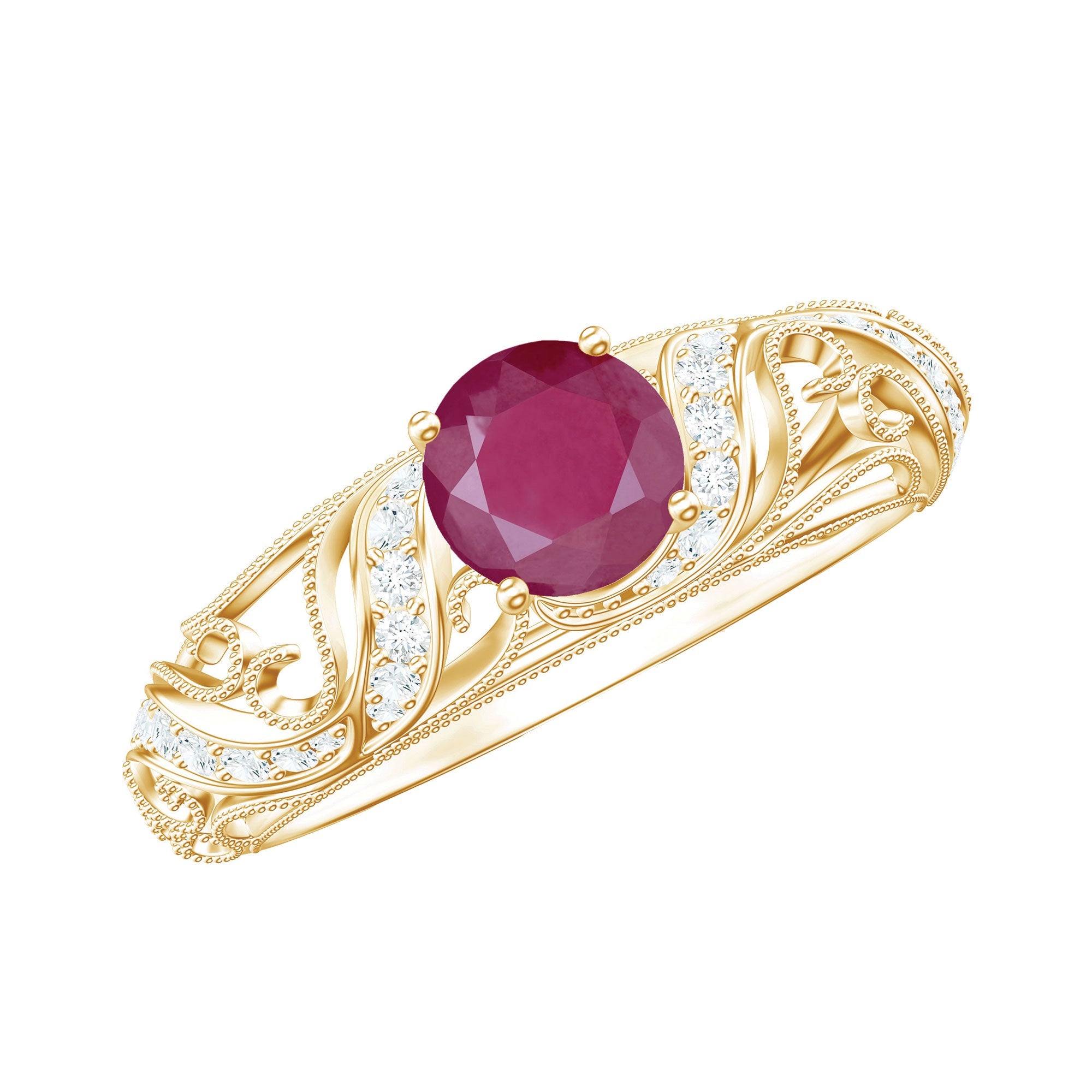 Vintage style 0.6 carat ruby engagement ring with diamonds set in yellow gold with filigree detailing