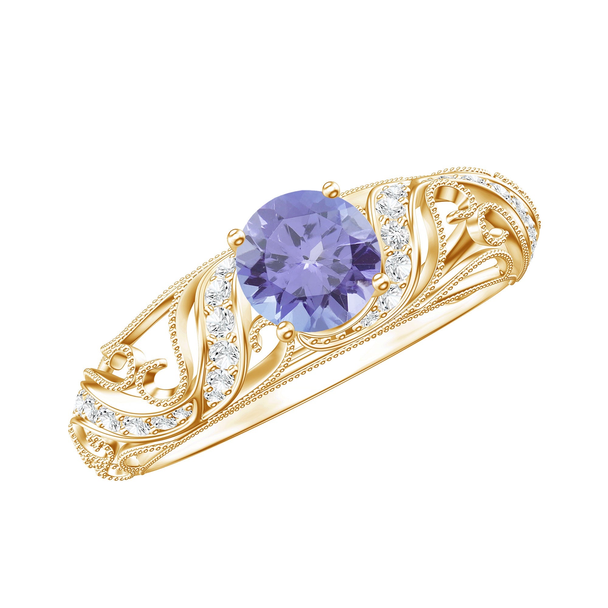 Tanzanite Engagement Ring – Vintage Inspired Round Cut Tanzanite With Diamonds