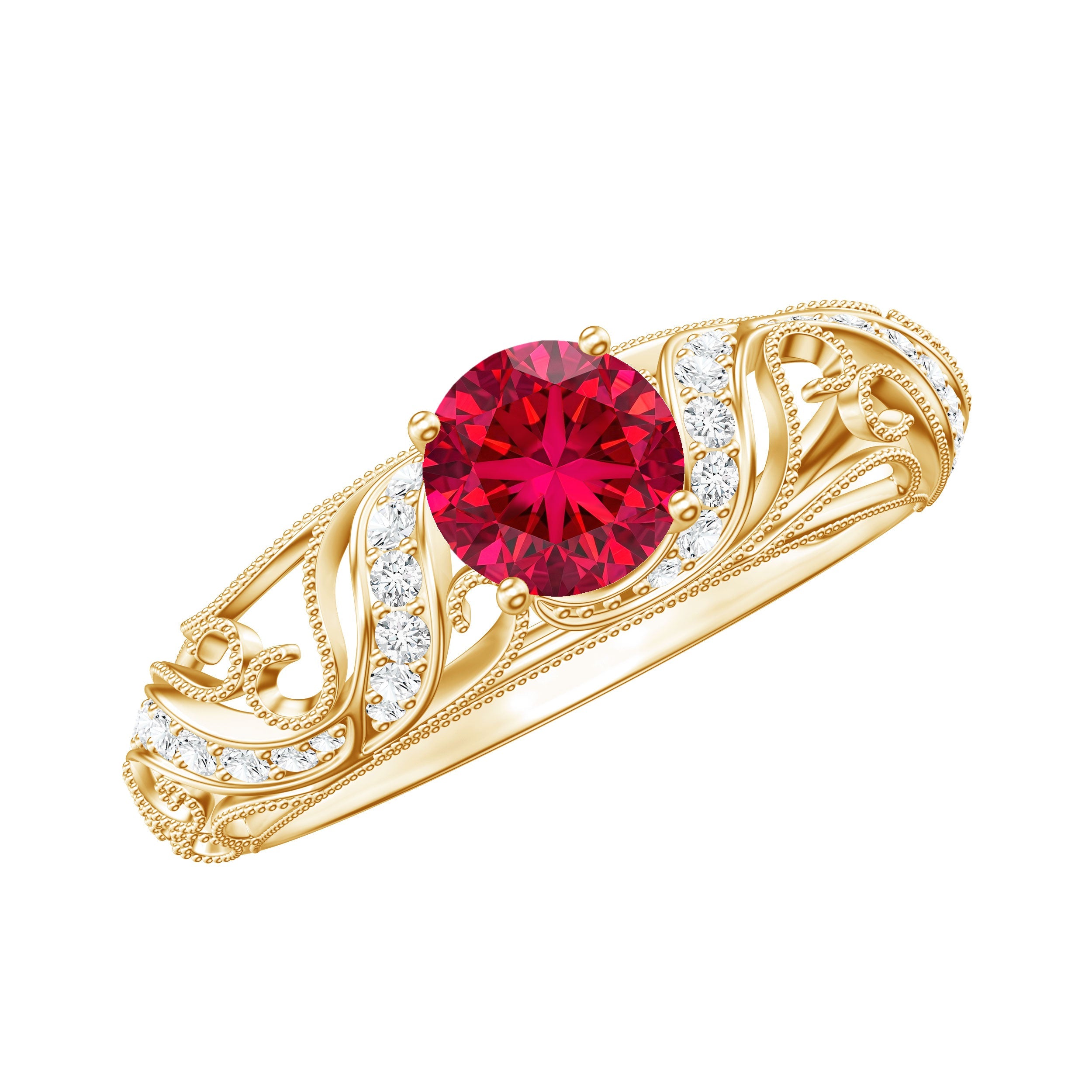 Lab created ruby and diamond vintage inspired engagement ring in yellow gold with filigree details