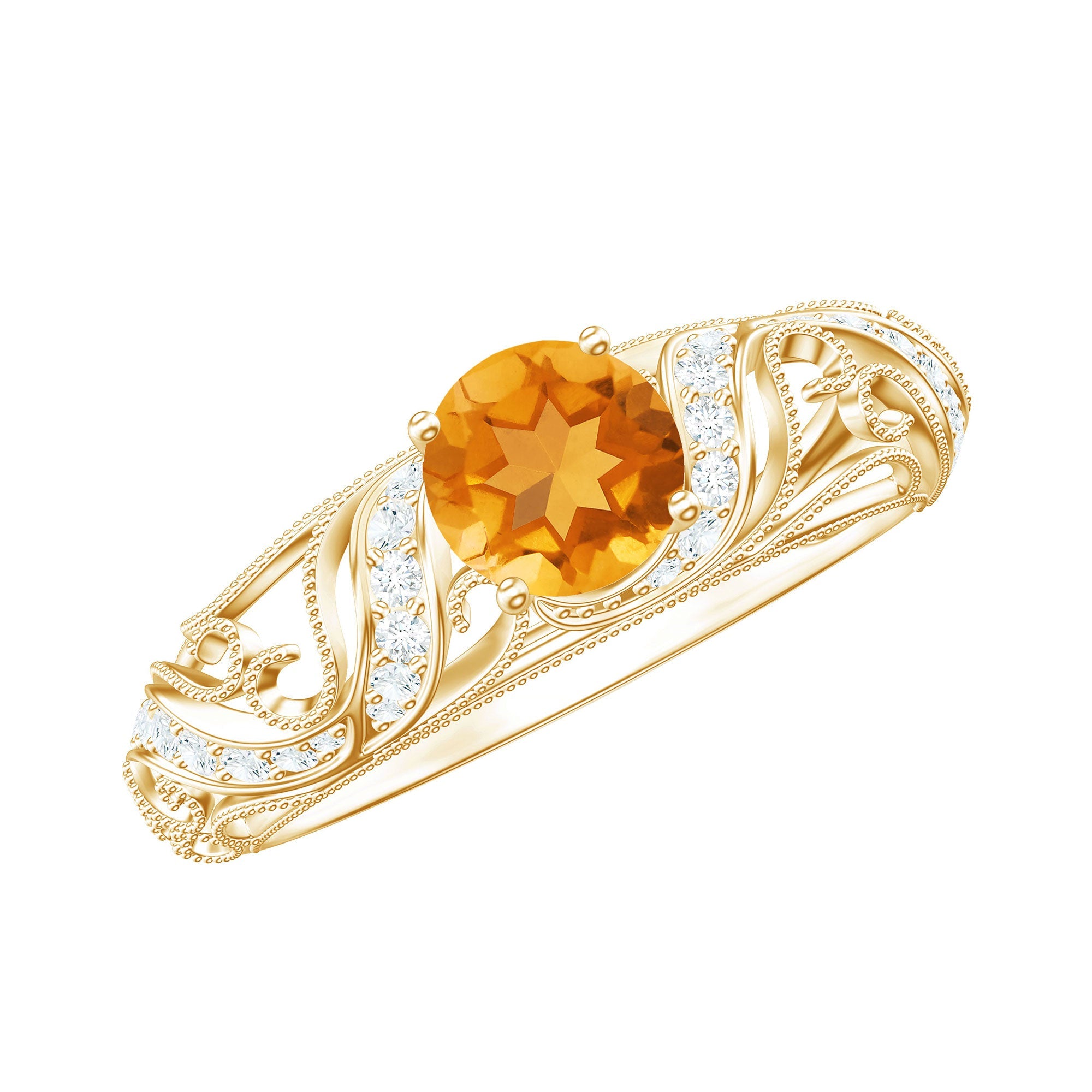 Vintage Inspired Citrine and Diamond Engagement Ring, 5 mm Round, Beaded Band