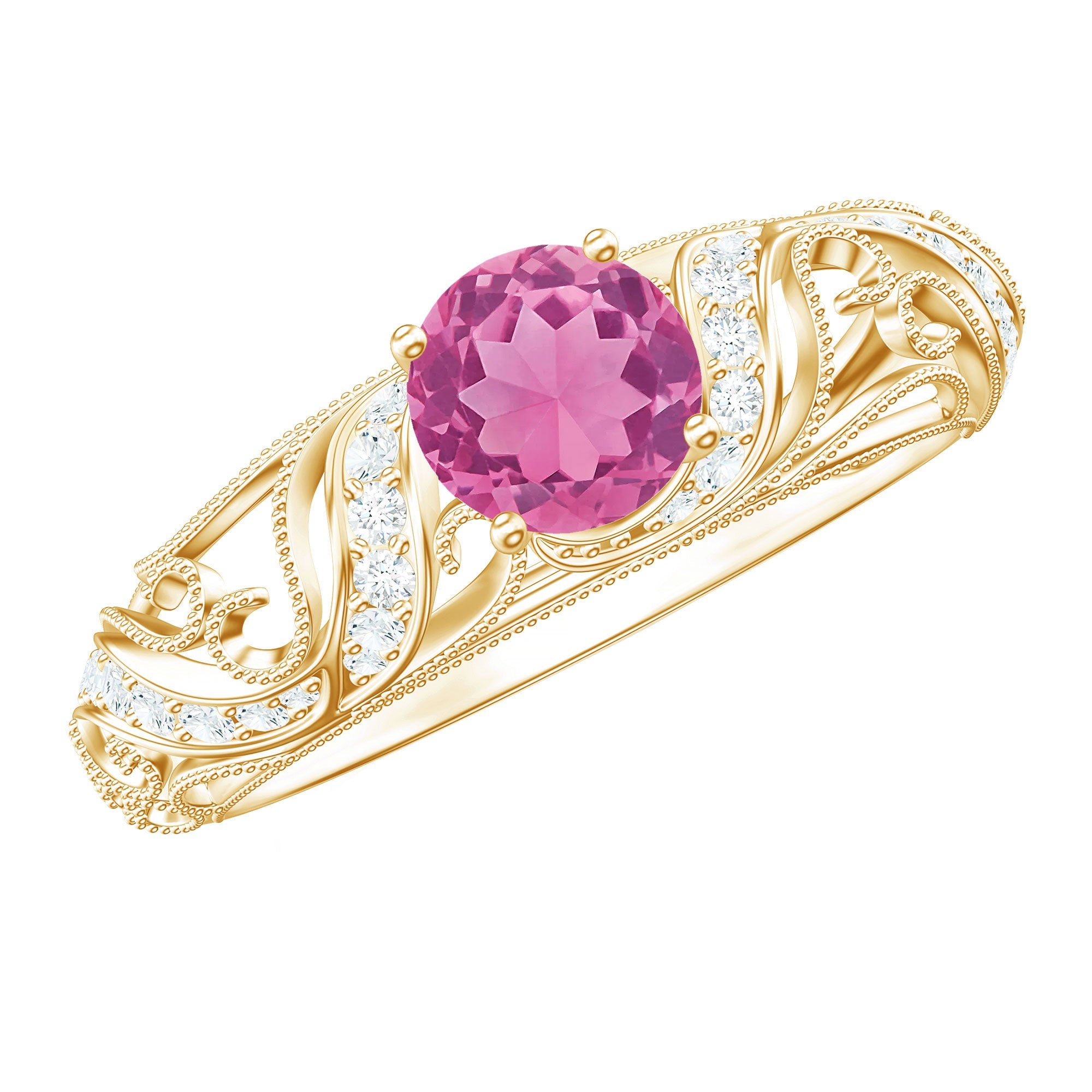 Pink Tourmaline Ring – Vintage Engagement Ring with Round Cut Diamond & Beaded Gold