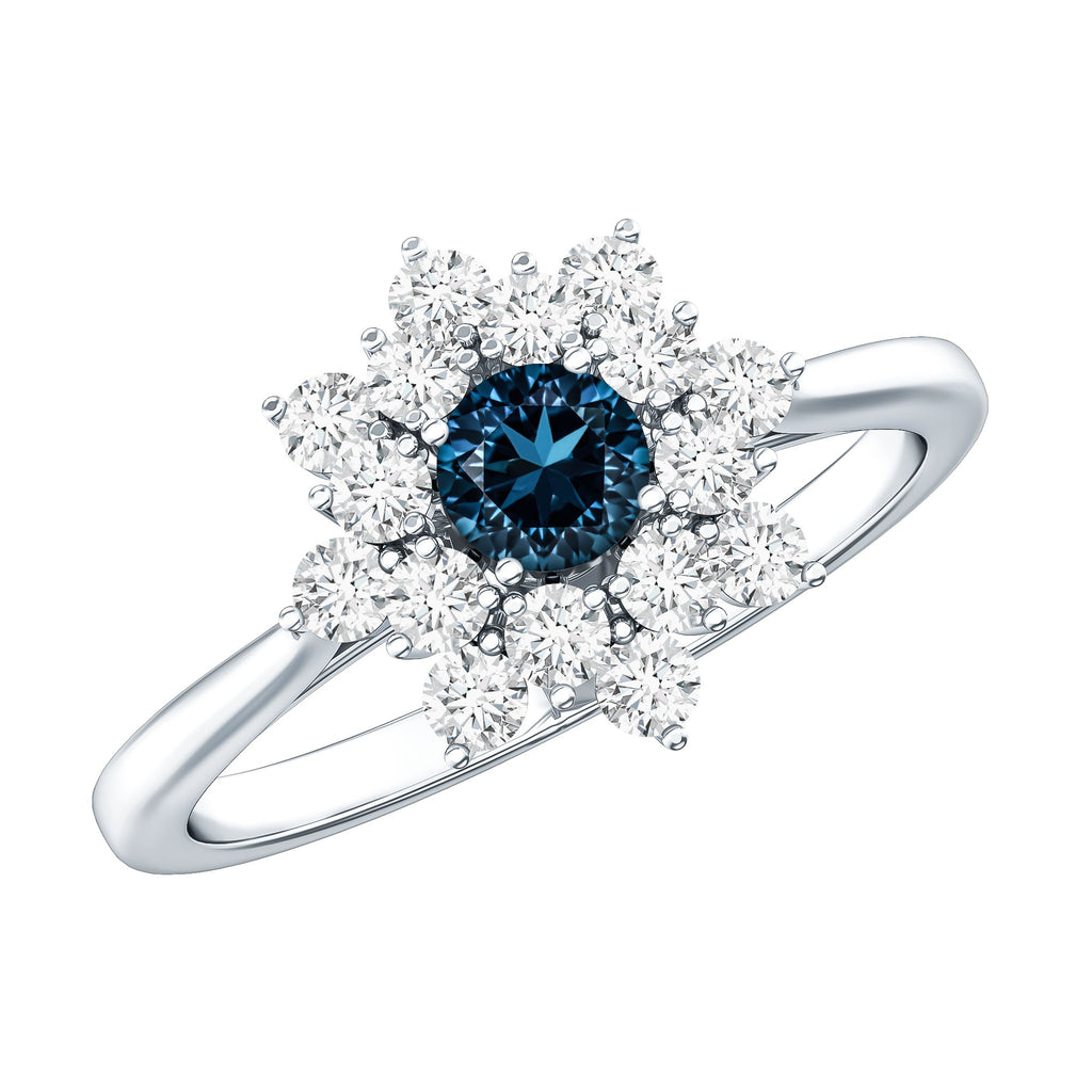 Genuine Round Cut London Blue Topaz Flower Engagement Ring with Diamonds