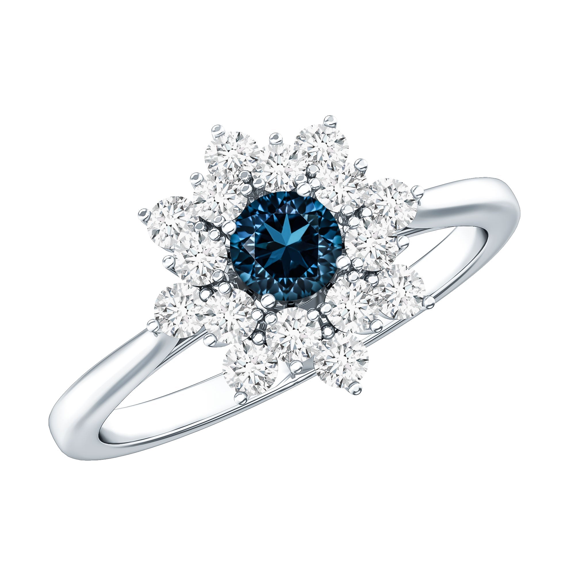 Genuine Round Cut London Blue Topaz Flower Engagement Ring with Diamonds