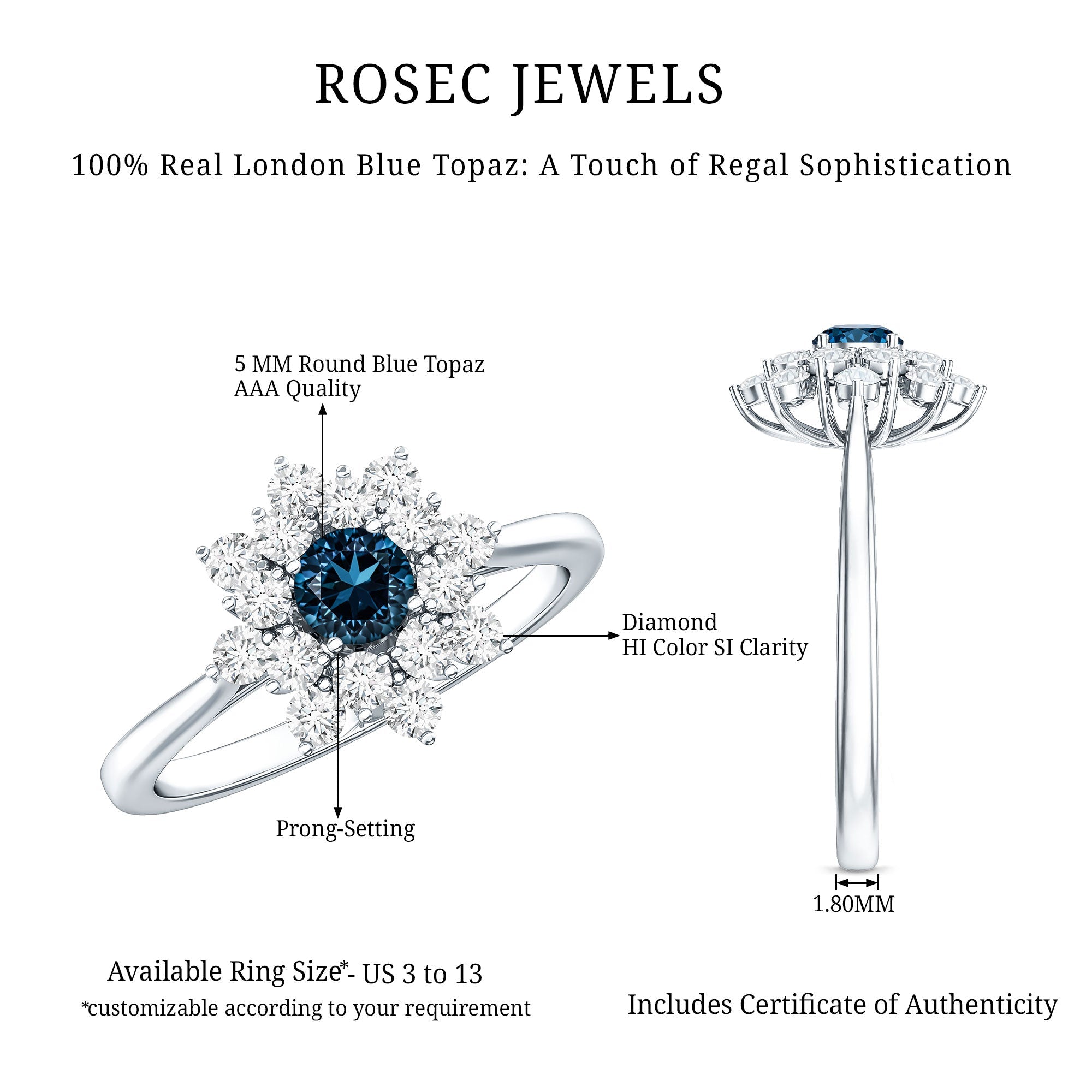 Genuine Round Cut London Blue Topaz Flower Engagement Ring with Diamonds
