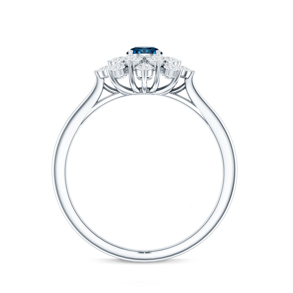 Genuine Round Cut London Blue Topaz Flower Engagement Ring with Diamonds