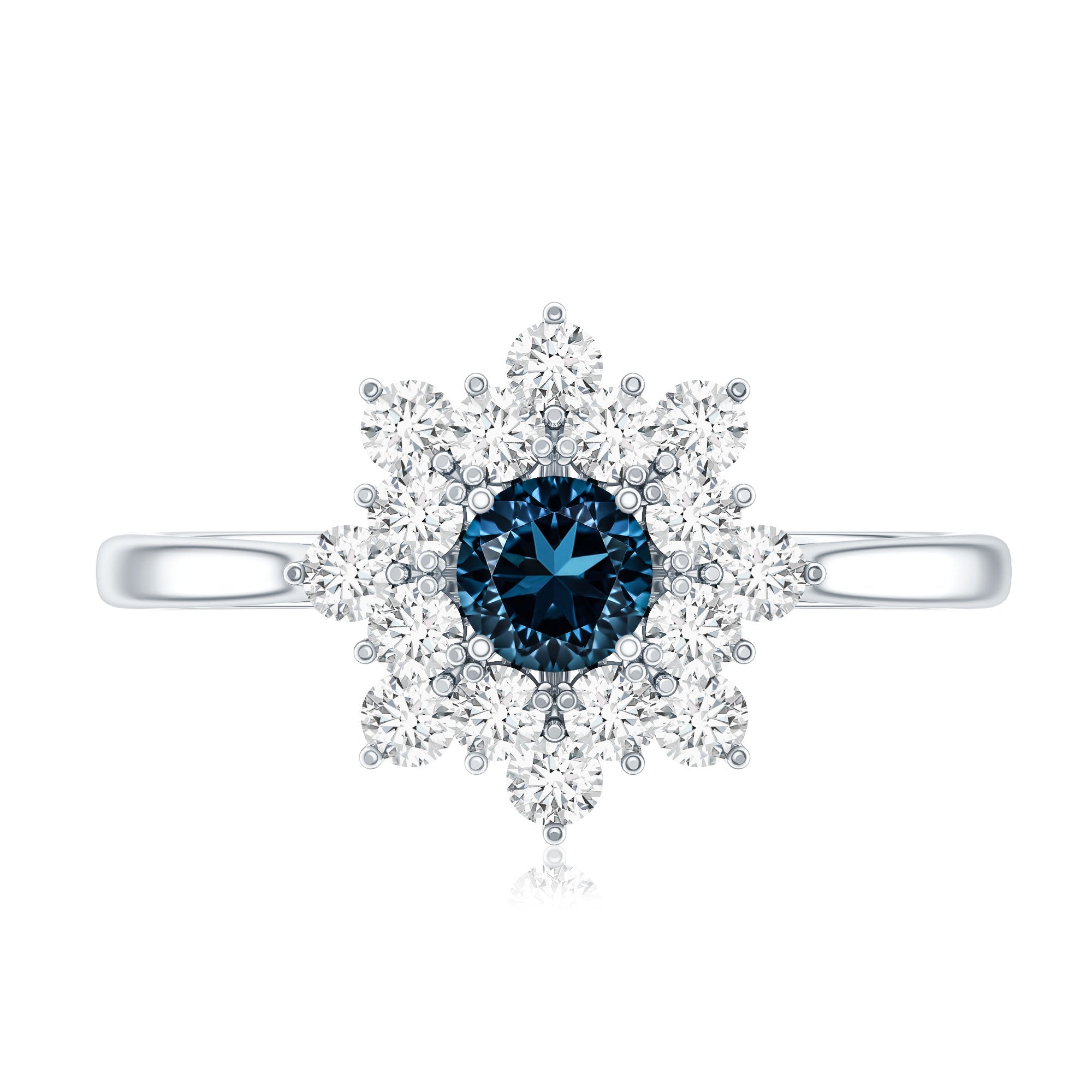 Genuine Round Cut London Blue Topaz Flower Engagement Ring with Diamonds