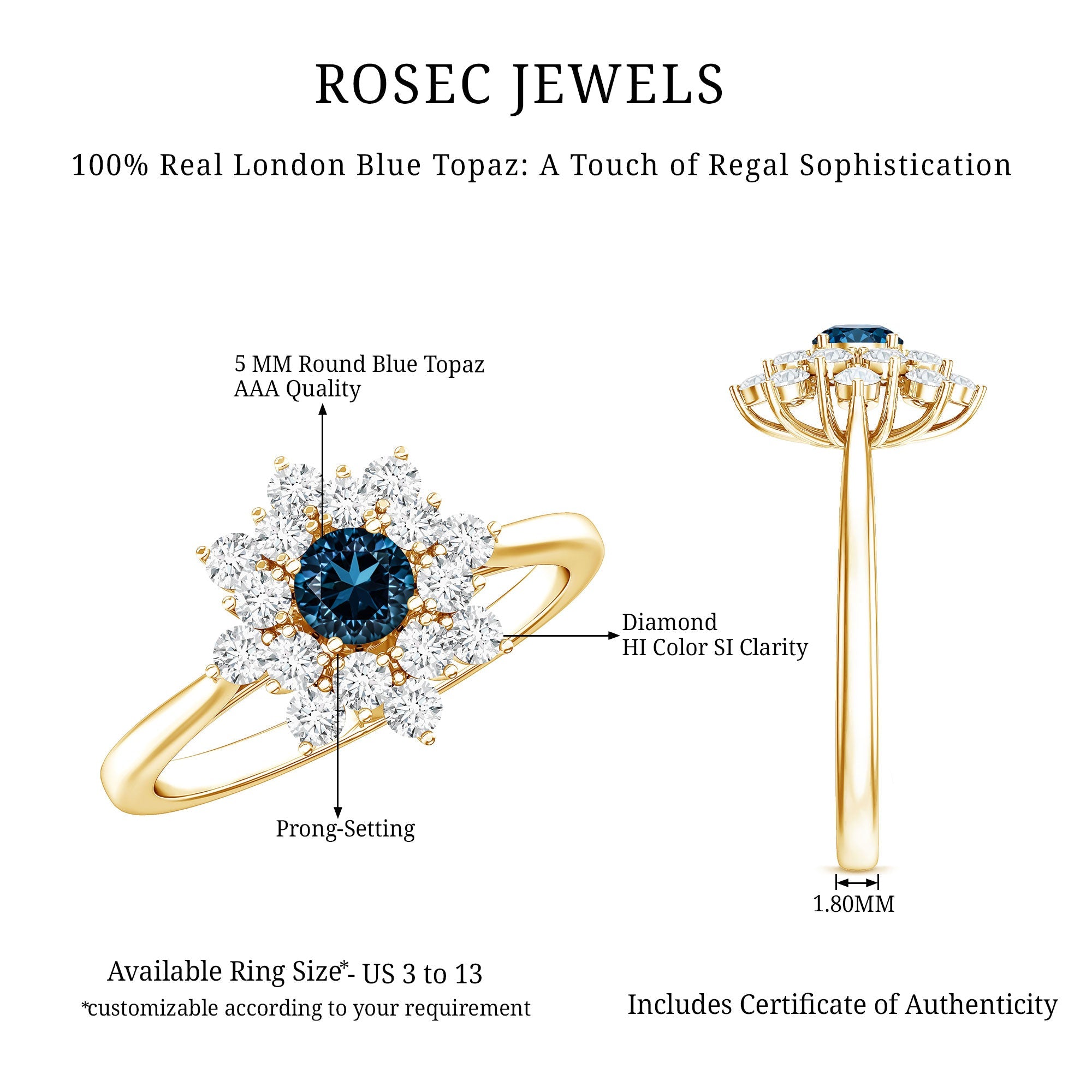 Genuine Round Cut London Blue Topaz Flower Engagement Ring with Diamonds